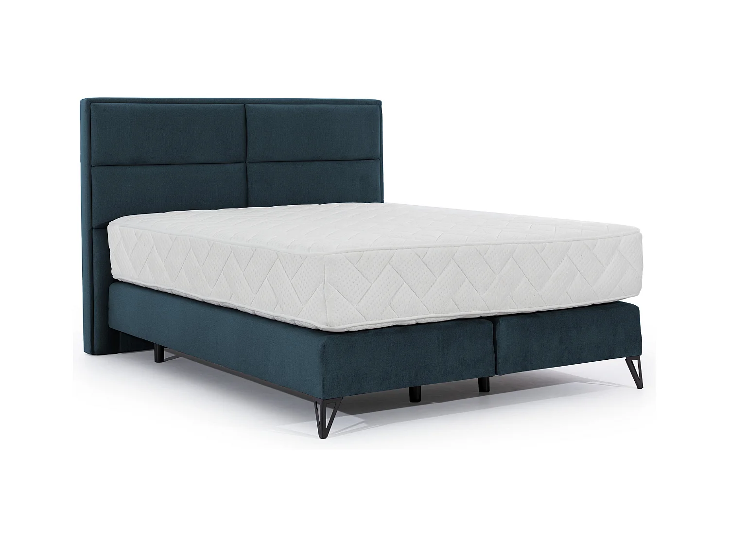 Lit continental tissu bleu Tiempo avec matelas 30cm en latex et pied métal noir-140x200