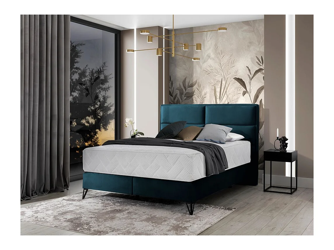 Lit continental tissu bleu Tiempo avec matelas 30cm en latex et pied métal noir-140x200