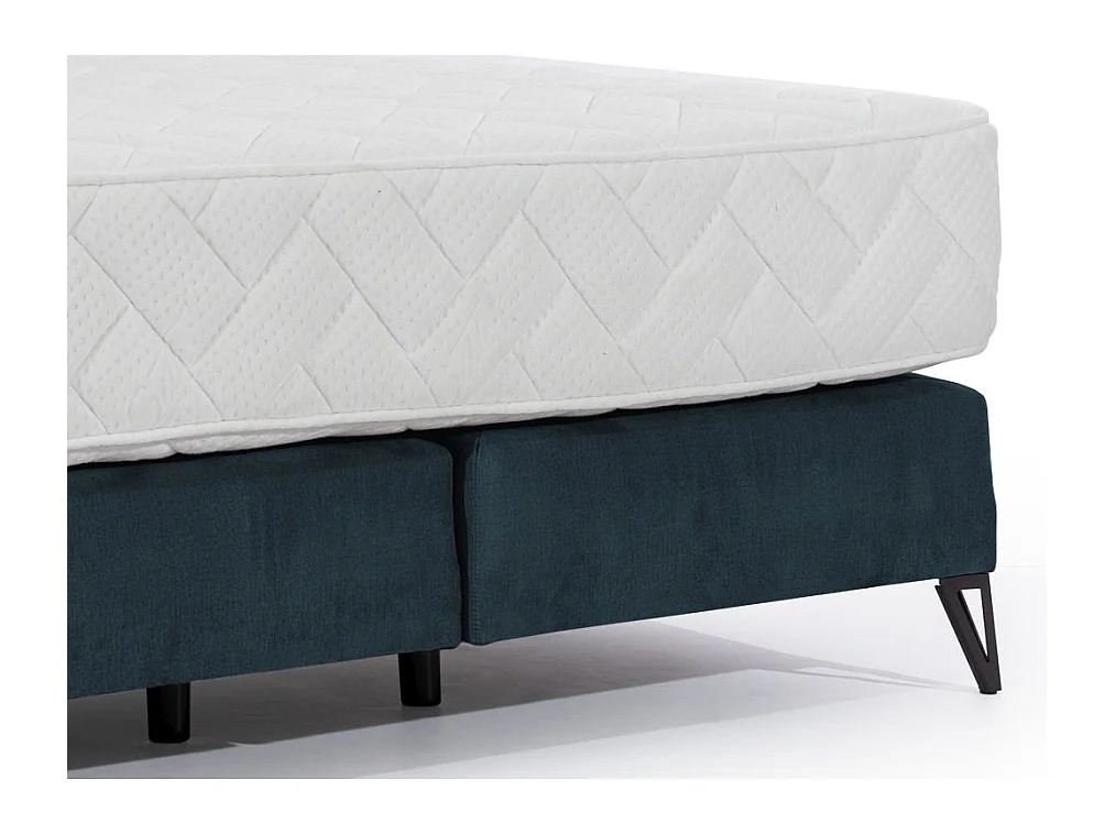 Lit continental tissu bleu Tiempo avec matelas 30cm en latex et pied métal noir-140x200