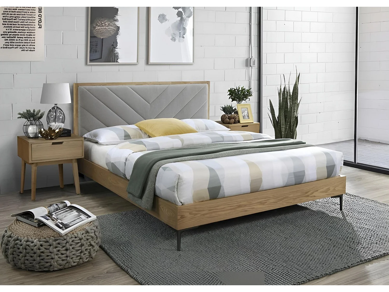 Lit Margarita/160x200/Bois & Tissu/Marron&Gris