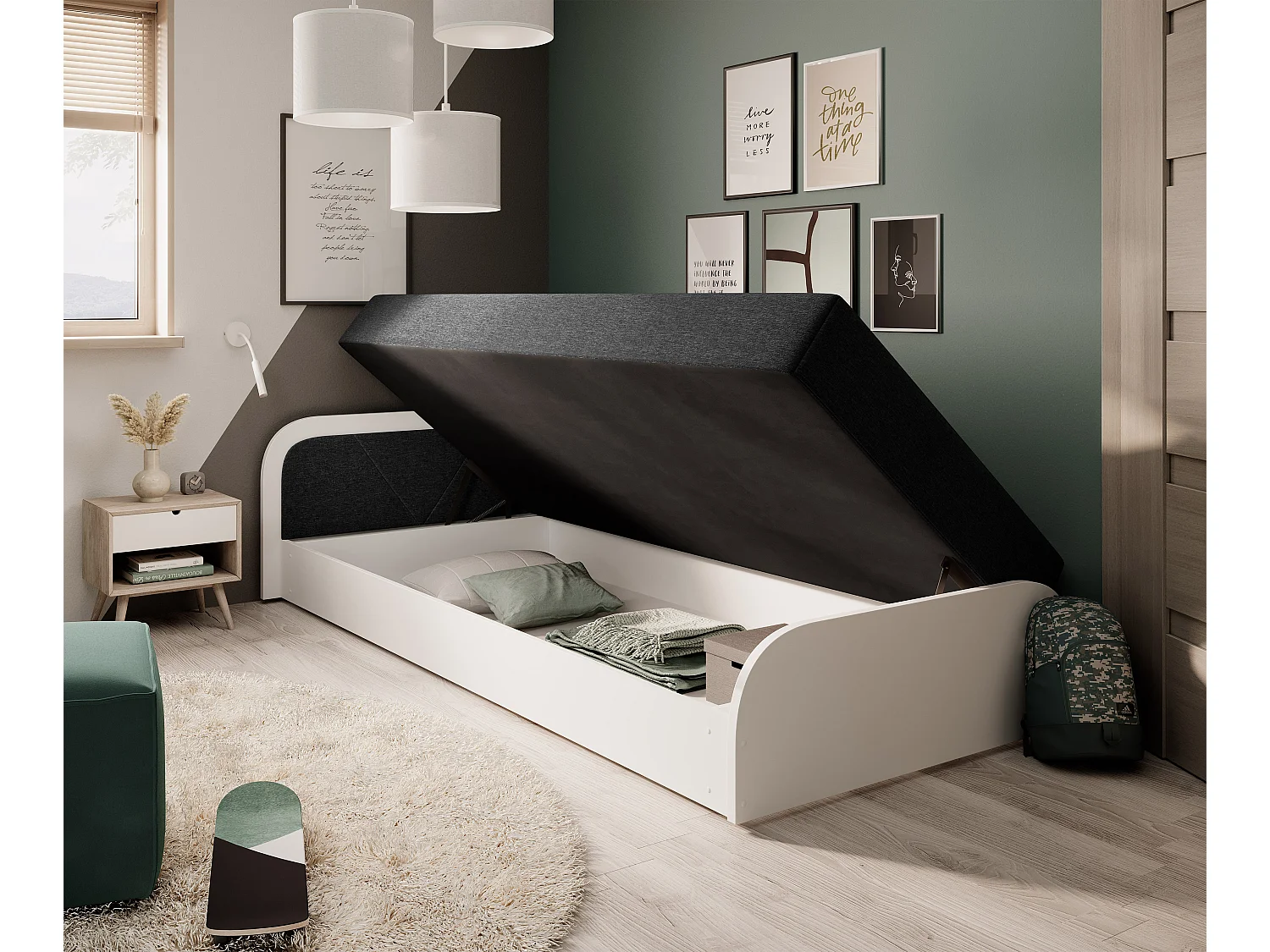 Lit 1 place avec coffre de rangement Parko – Confort et Praticité-Couleur Blanc/Noir-Modéle Coté droit