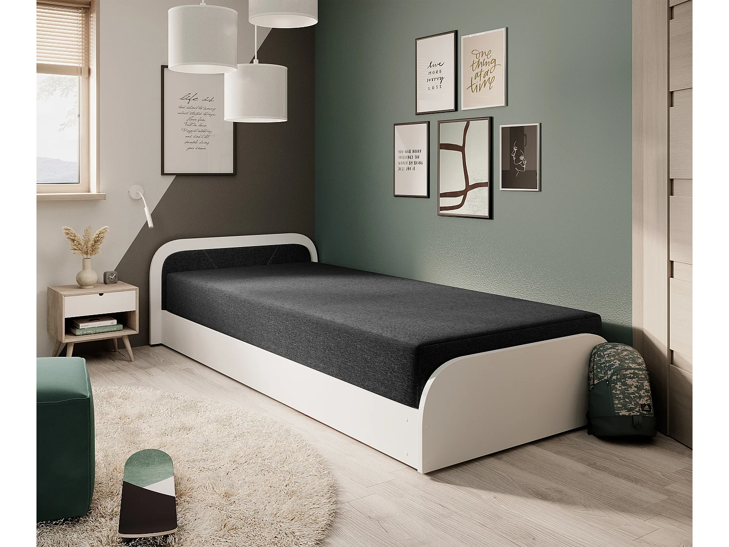 Lit 1 place avec coffre de rangement Parko – Confort et Praticité-Couleur Blanc/Noir-Modéle Coté droit