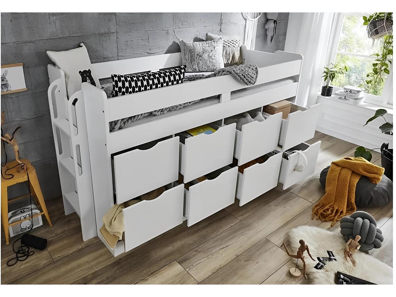 Bett Flory/90x200/Schubladen/Weiss