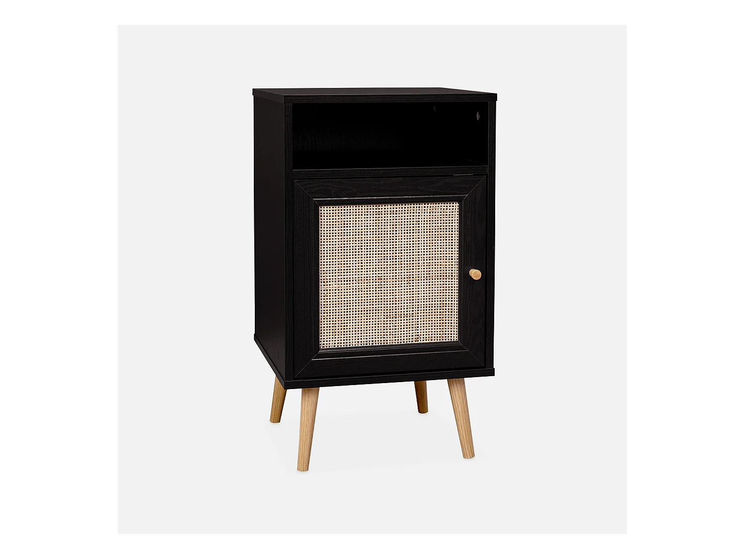 Table de chevet noire en cannage - Bohème - 40x39x70cm. noir - 2 niveaux - 1 porte - 1 espace de rangement - pieds scandinaves