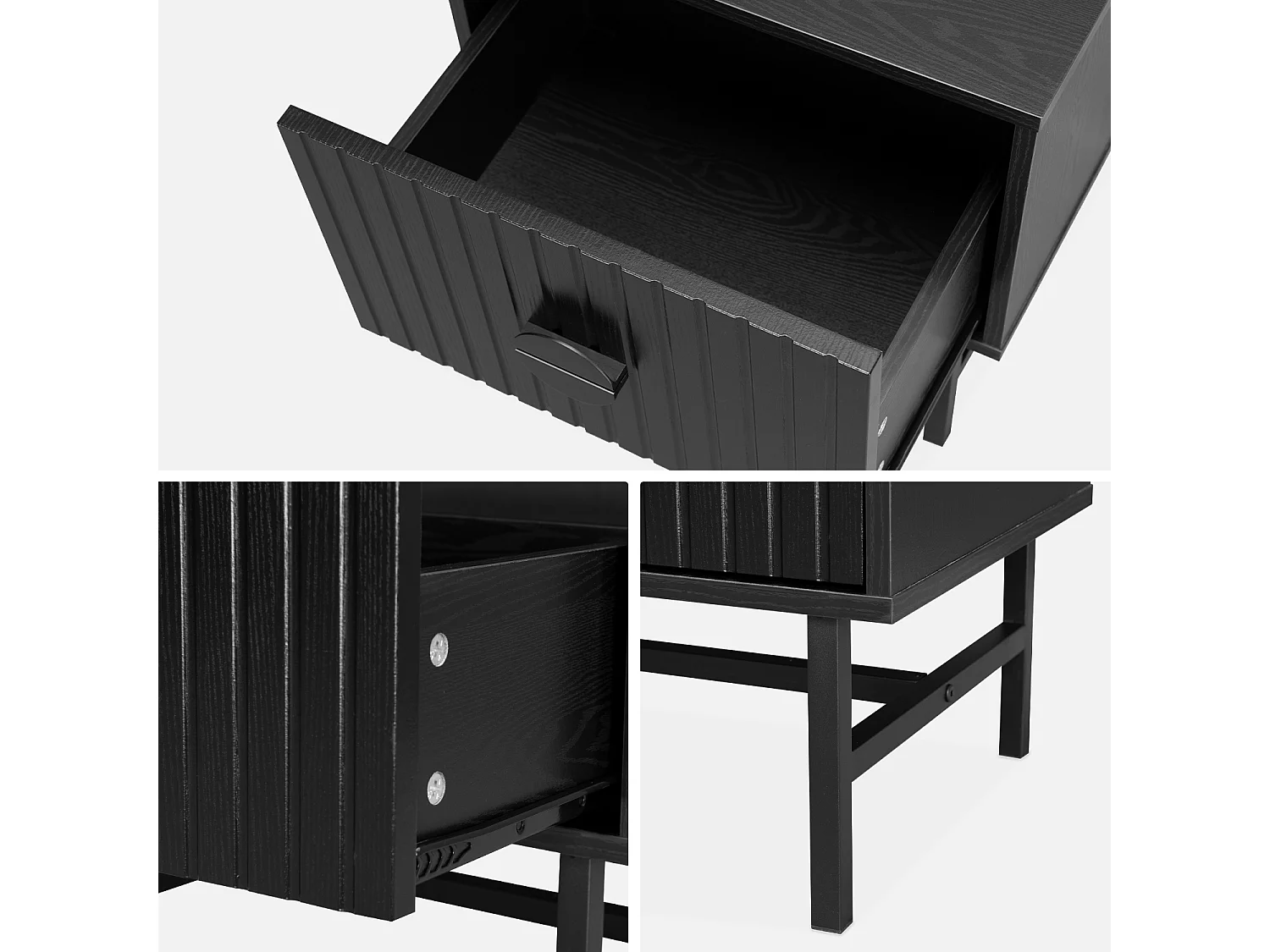 Mesita de noche con efecto madera acanalada negra negro