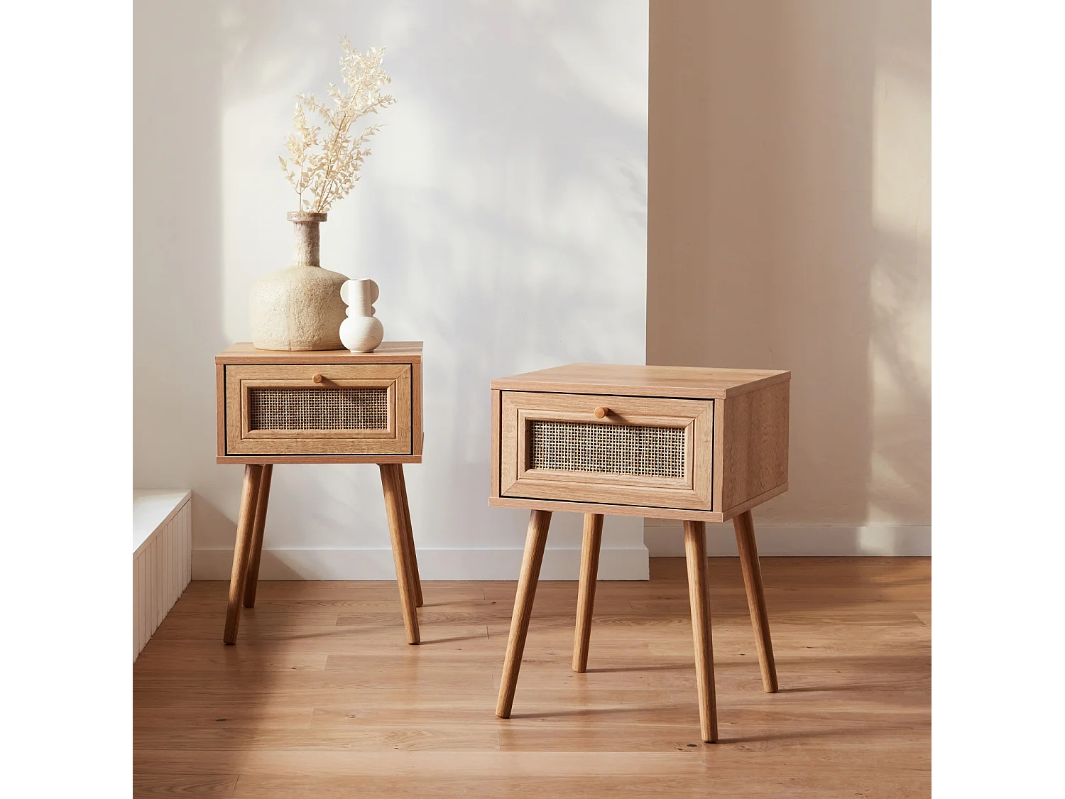 Lot de 2 tables de chevet décor bois & cannage avec 1 tiroir - Bohème