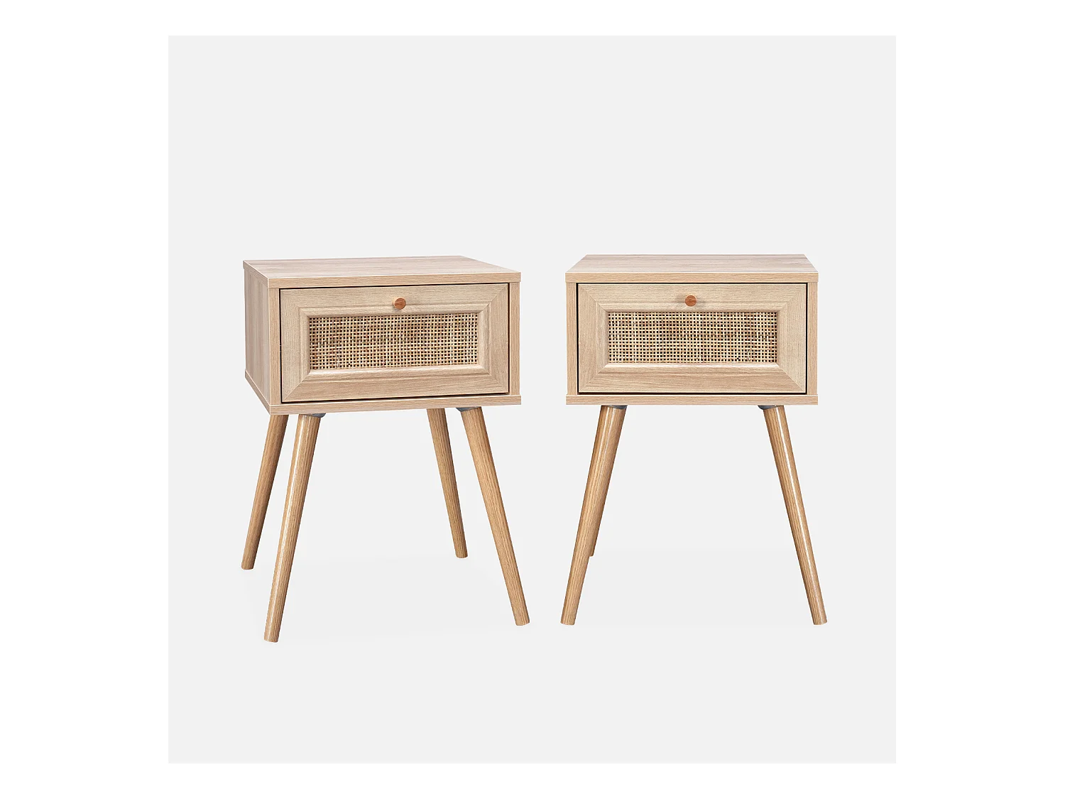 Lot de 2 tables de chevet effet bois & cannage avec 1 tiroir - Bohème