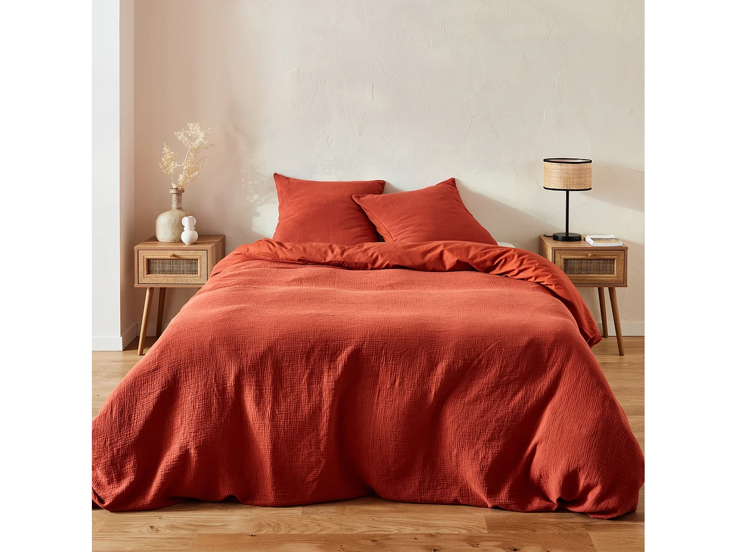 Set 2 comodini effetto legno e cannage, marrone naturale