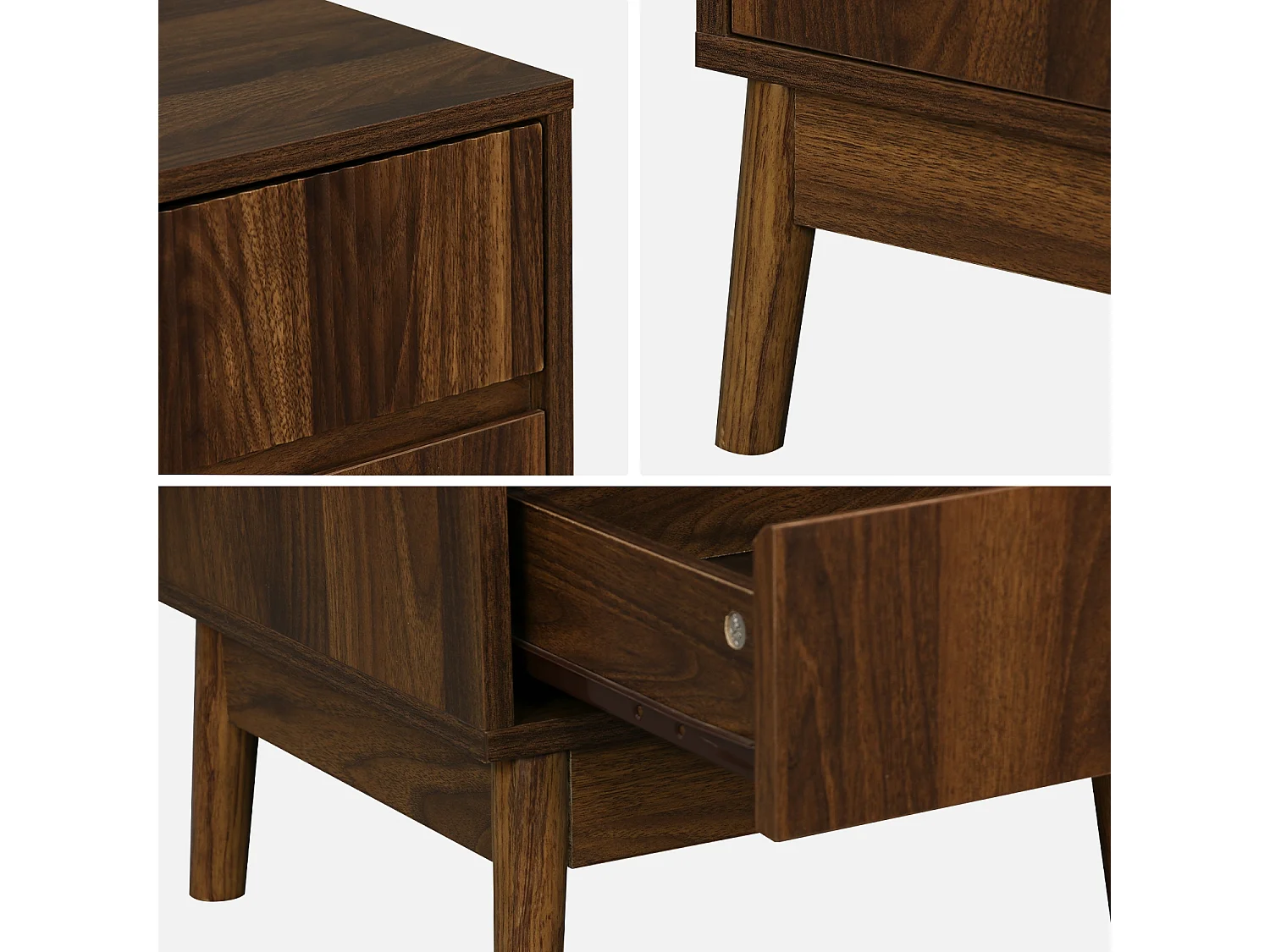 Table de chevet deux tiroirs. décor bois de noyer et piétement en pin - Linear