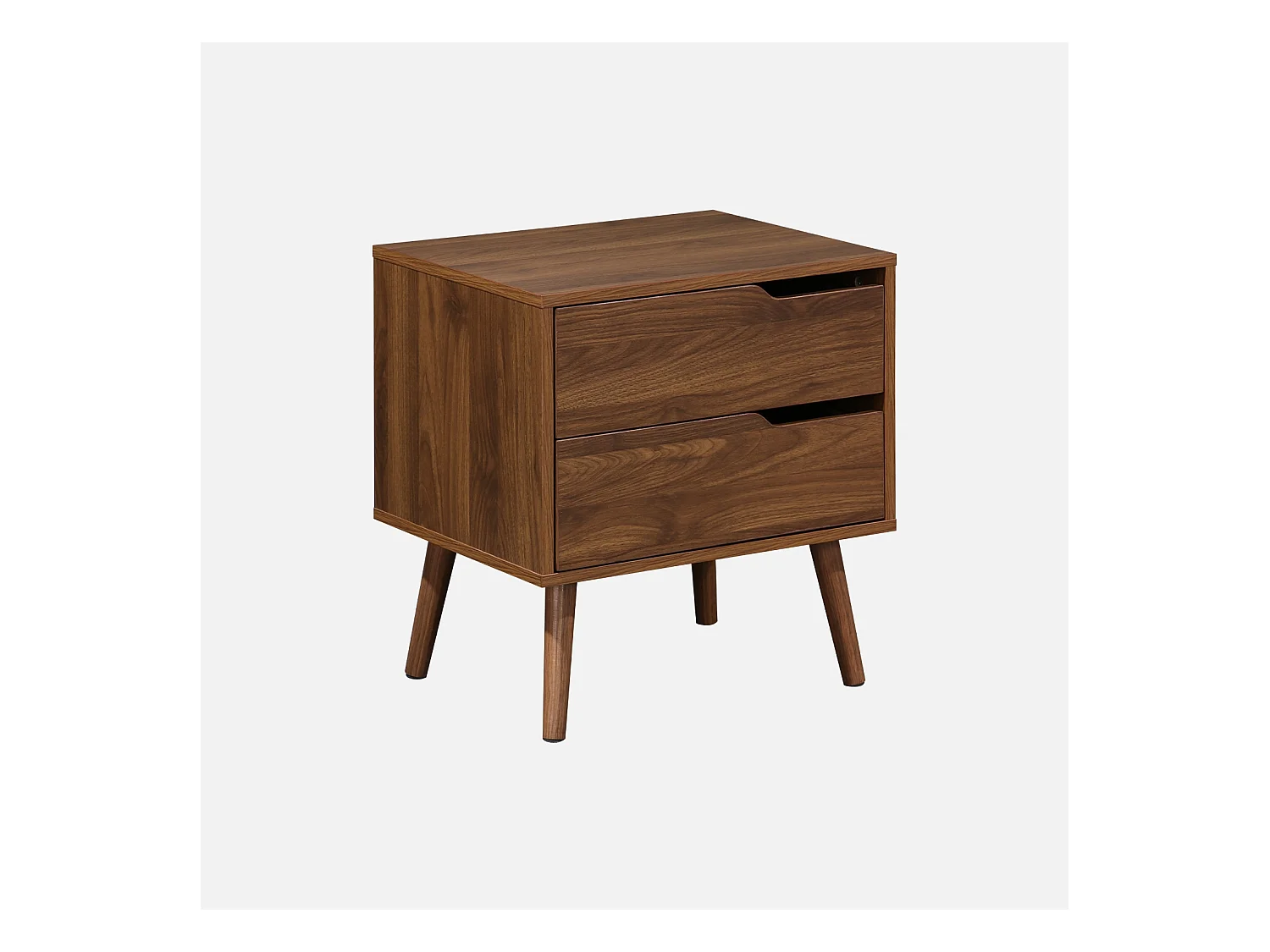 Table de chevet décor bois teinté noyer. 2 tiroirs. pieds en pin massif