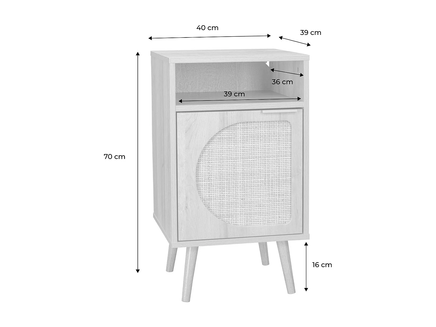 Lot de 2 tables de chevet. Eva. décor bois et cannage arrondi. une porte. un espace de rangement. L40 x l39 x H65.8cm