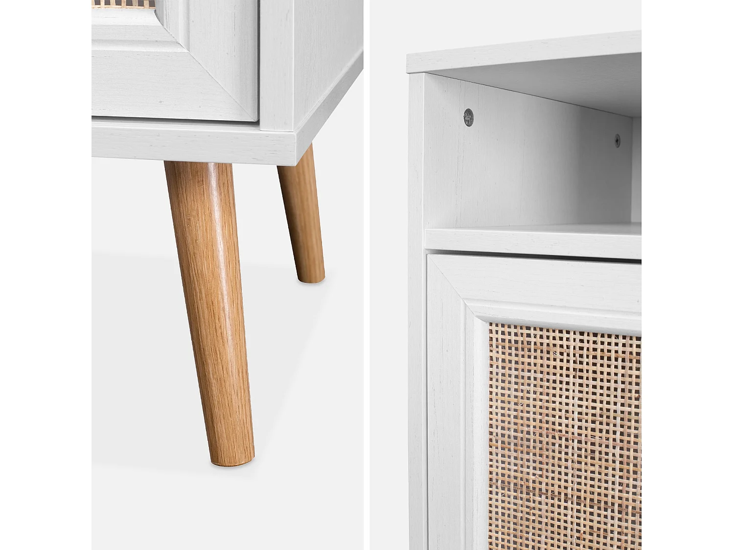 Table de chevet décor bois blanc en cannage - Bohème - 40x39x70cm. blanc - 2 niveaux - 1 porte - 1 espace de rangement - pieds scandinaves