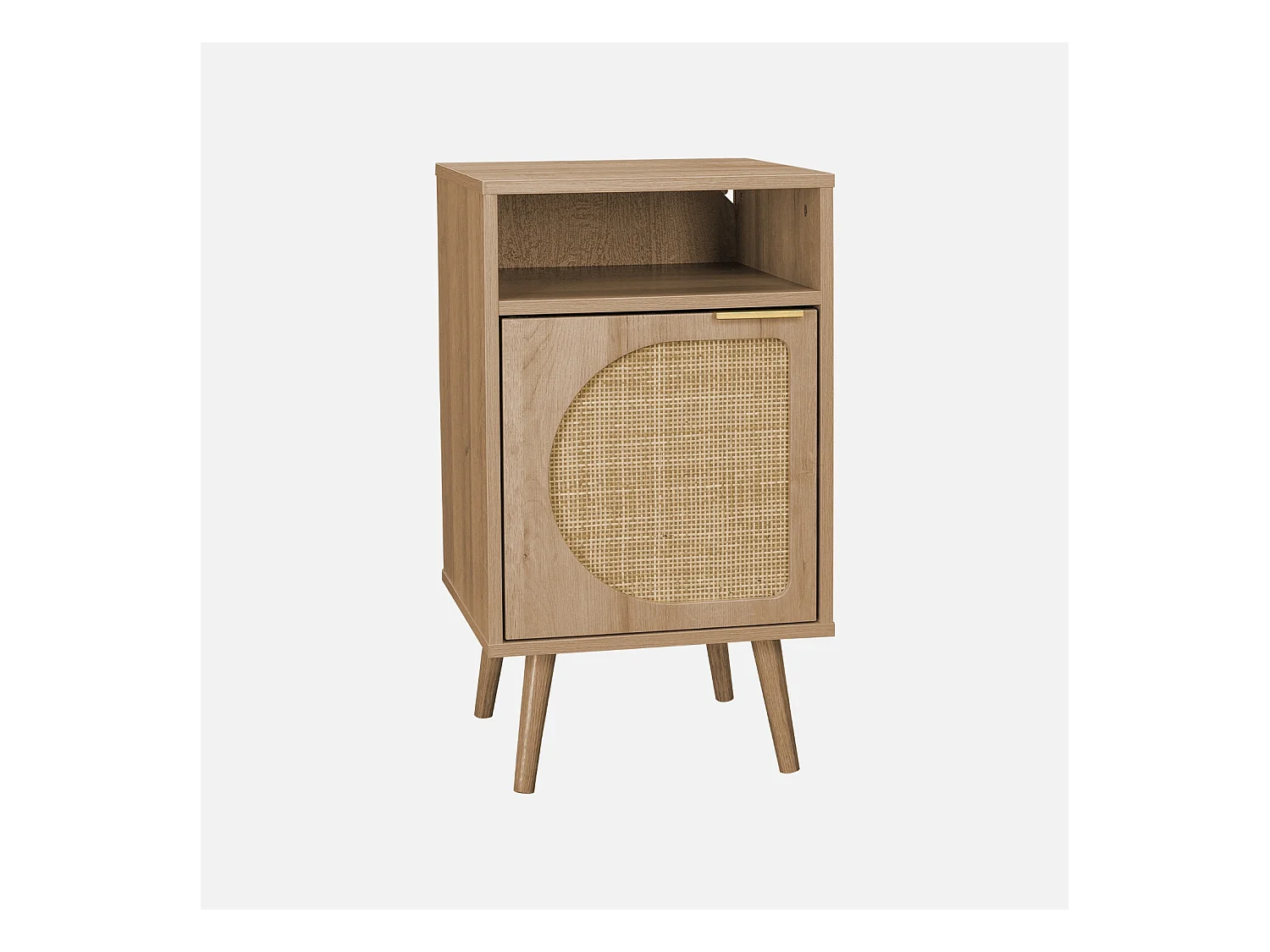 Table de chevet. Eva. décor bois et cannage arrondi. une porte. un espace de rangement. L40 x l39 x H70cm