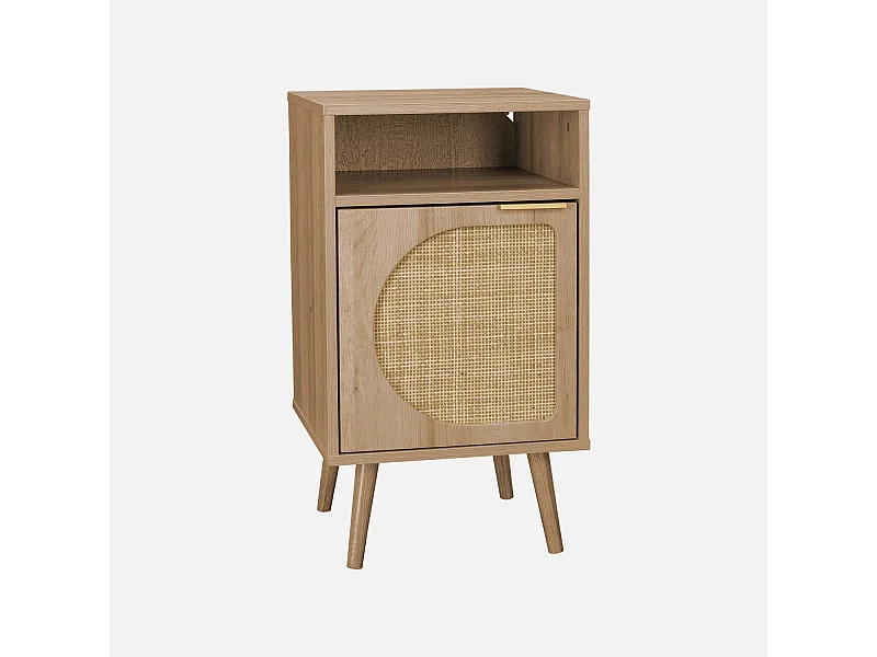 Table de chevet. Eva. décor bois et cannage arrondi. une porte. un espace de rangement. L40 x l39 x H70cm