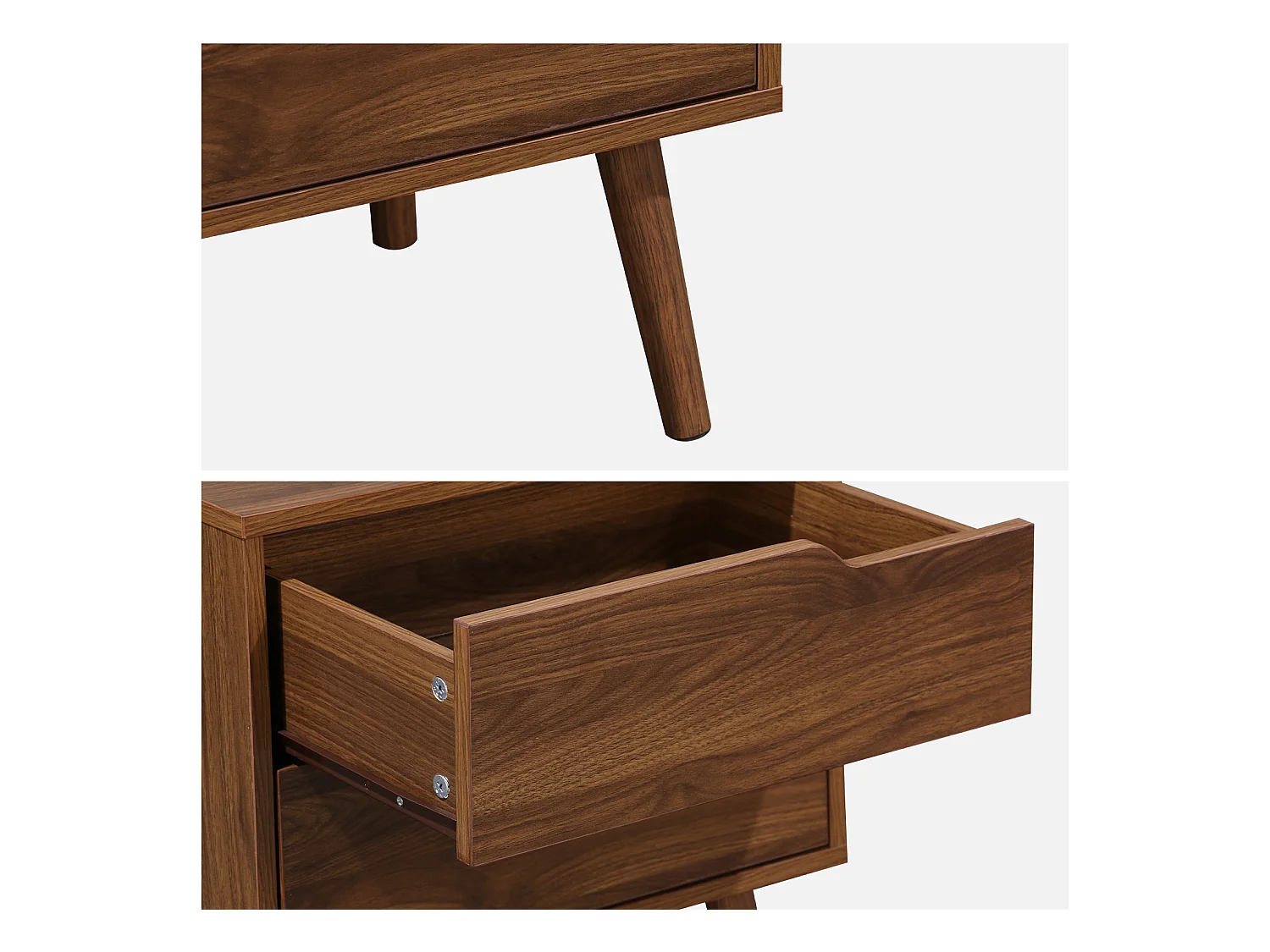 Lot de 2 tables de chevet décor bois teinté noyer. 2 tiroirs. pieds en pin massif