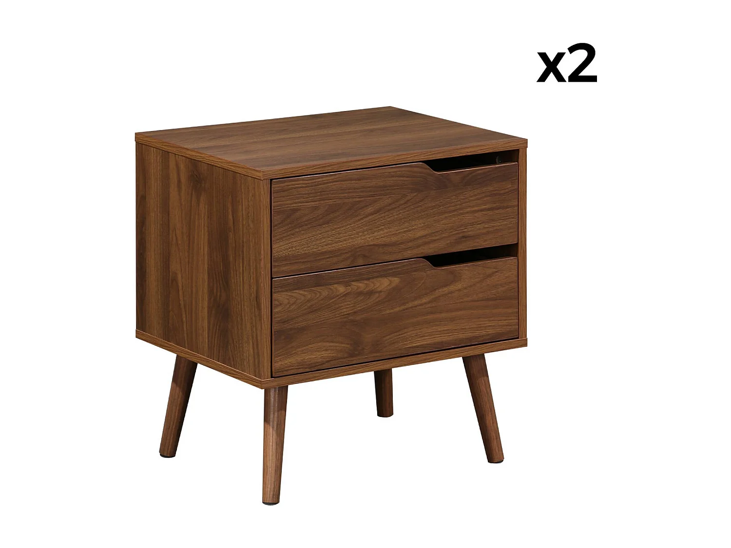 Lot de 2 tables de chevet décor bois teinté noyer. 2 tiroirs. pieds en pin massif