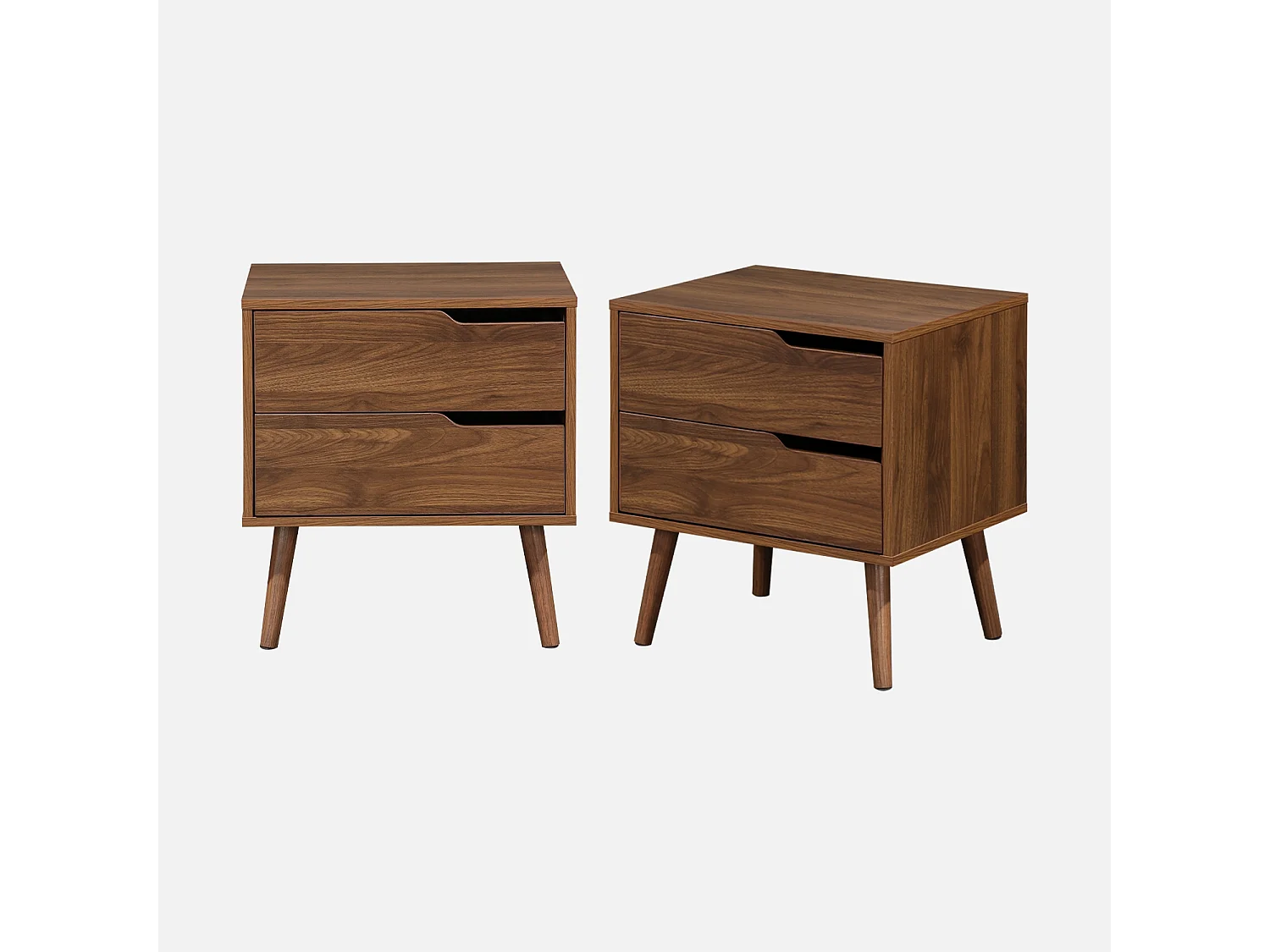 Lot de 2 tables de chevet décor bois teinté noyer. 2 tiroirs. pieds en pin massif