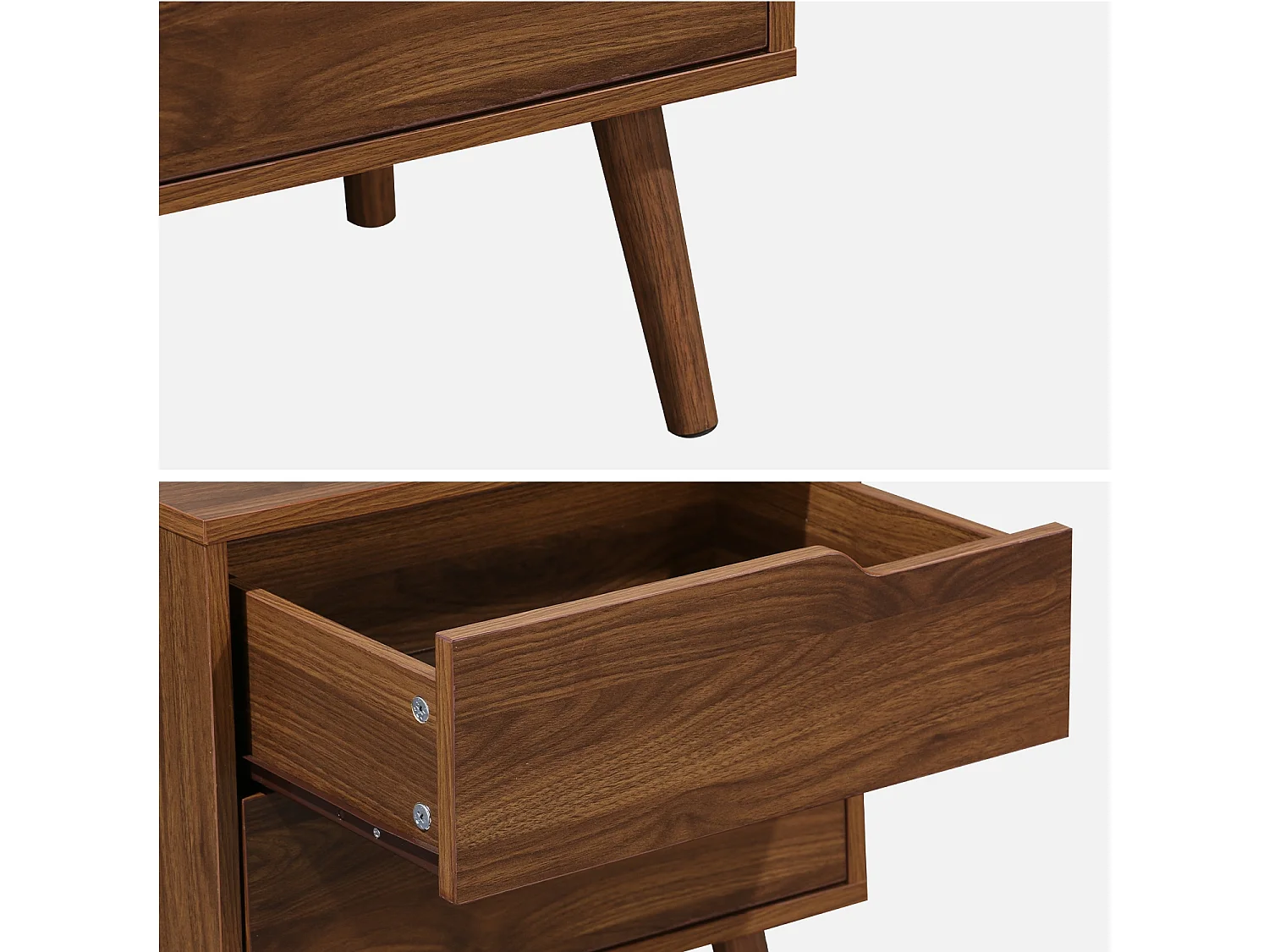 Lot de 2 tables de chevet décor bois teinté noyer. 2 tiroirs. pieds en pin massif