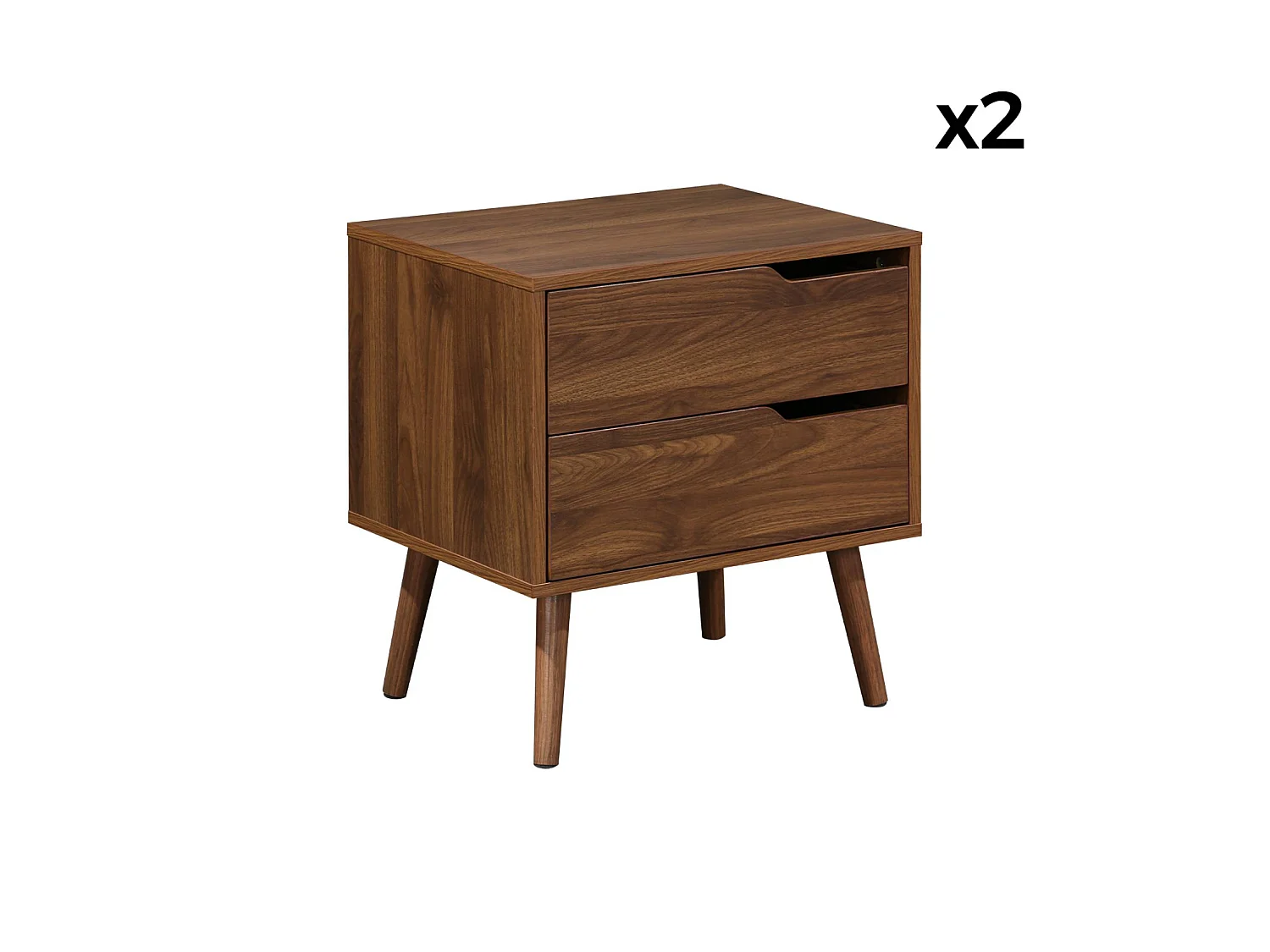Lot de 2 tables de chevet décor bois teinté noyer. 2 tiroirs. pieds en pin massif