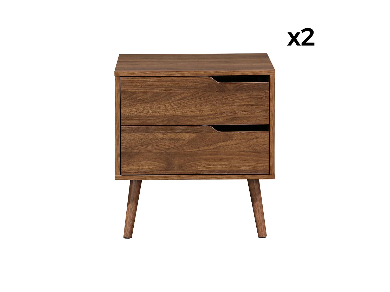 Lot de 2 tables de chevet décor bois teinté noyer. 2 tiroirs. pieds en pin massif