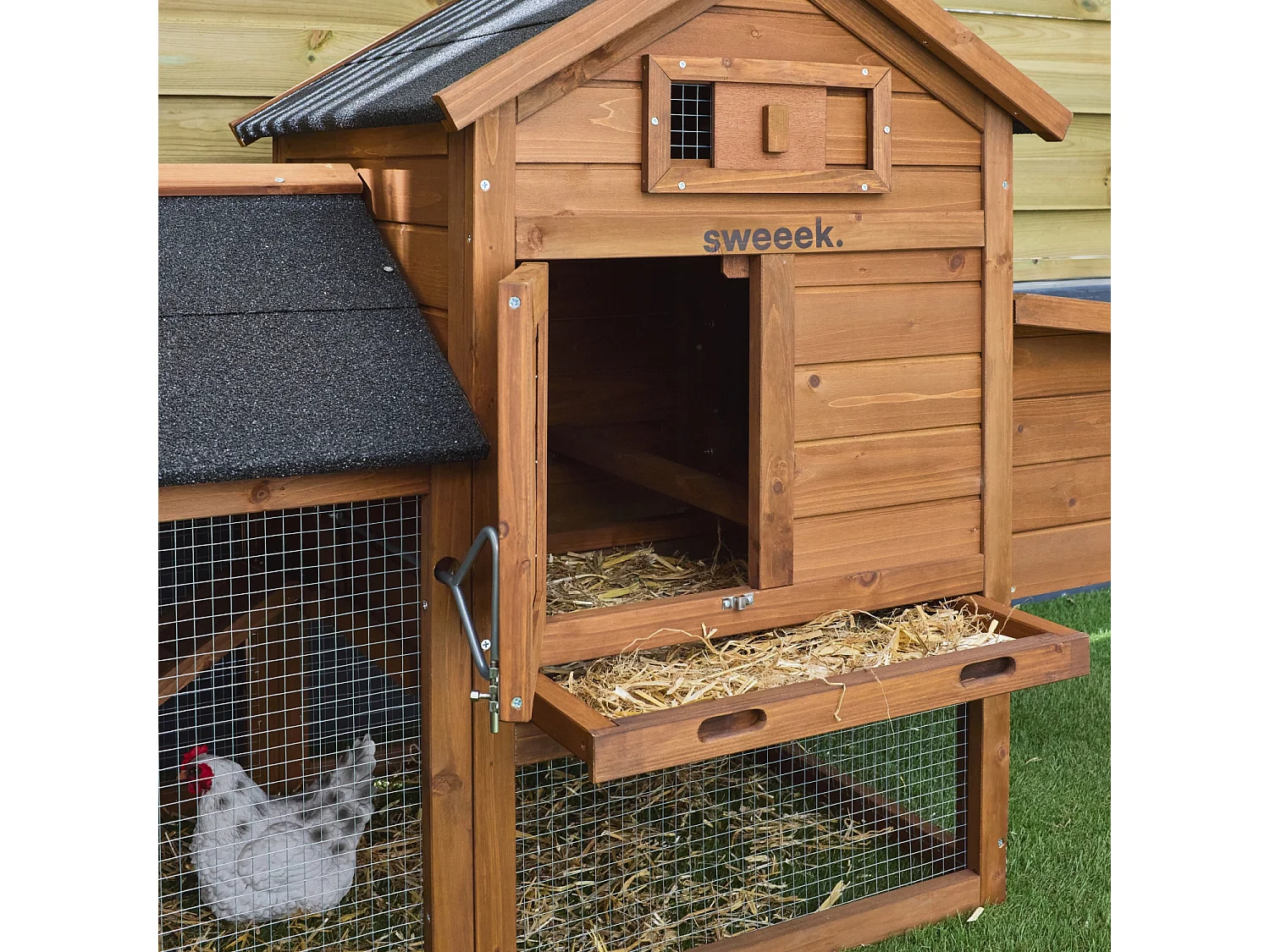 Pollaio in legno con recinto per 3 galline, marrone naturale