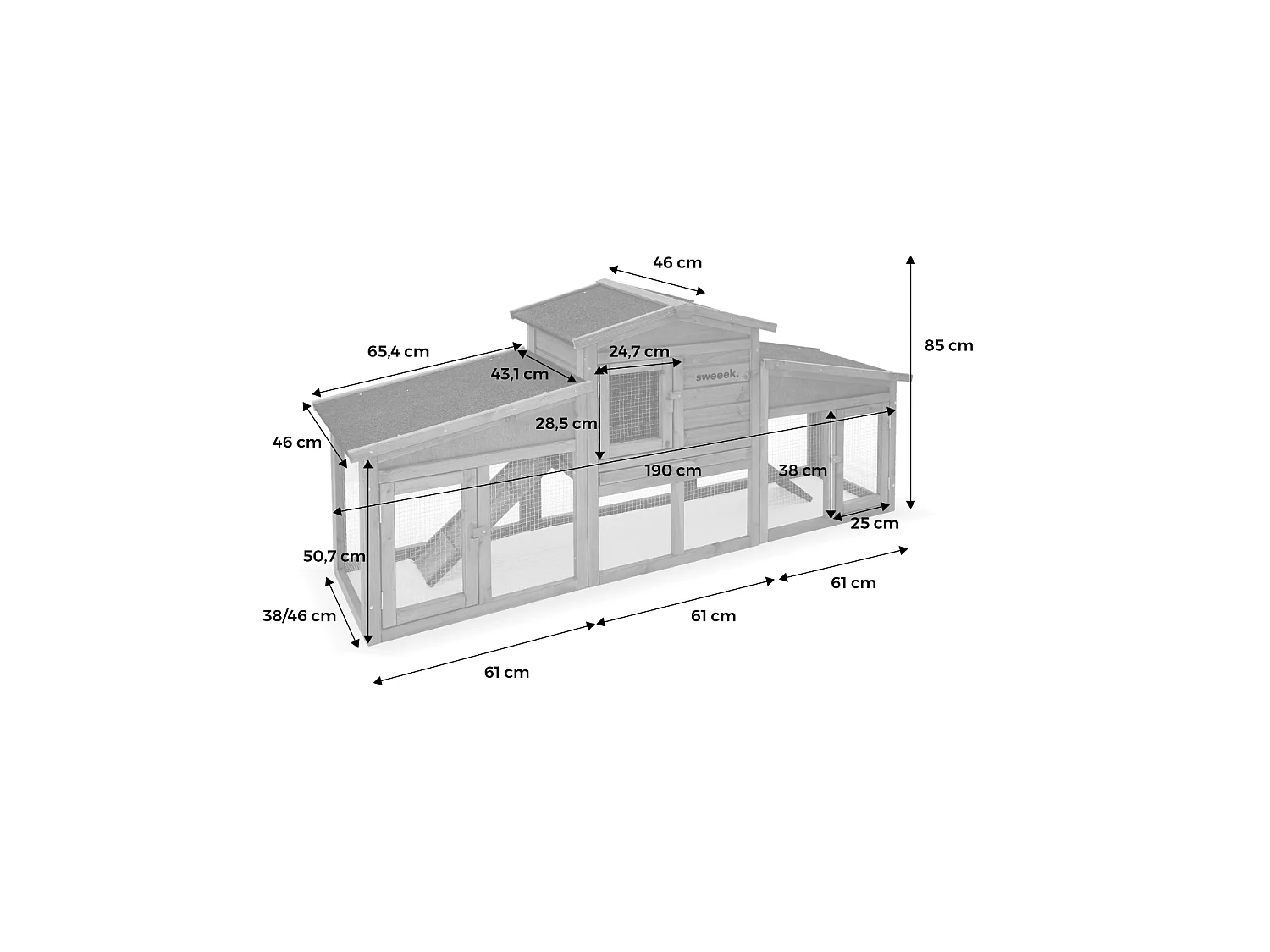 Conigliera in legno per 4 conigli Marrone naturale - 190x46x85 cm
