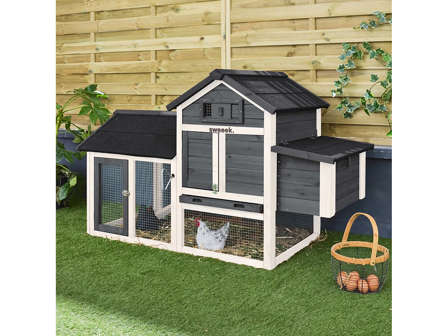 Poulailler en bois anthracite GALINETTE. 3 poules. cage à poule avec enclos