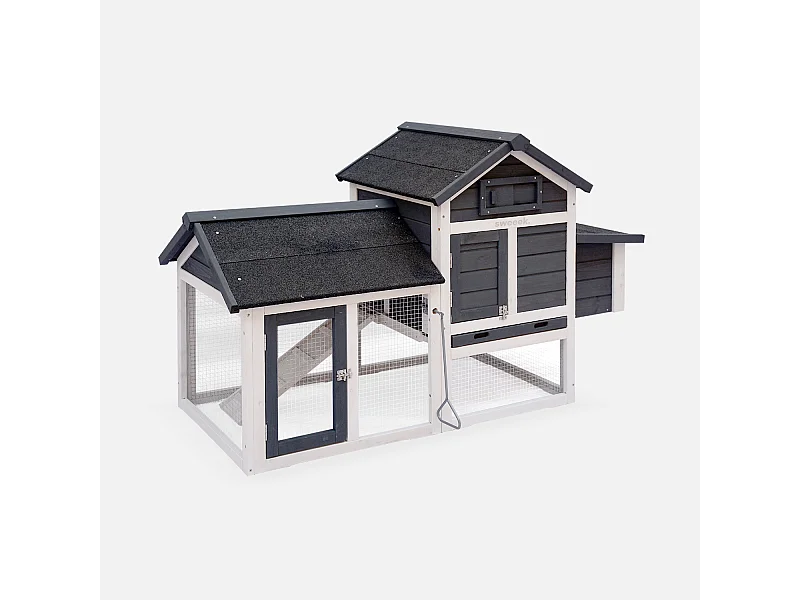 Poulailler en bois anthracite GALINETTE. 3 poules. cage à poule avec enclos