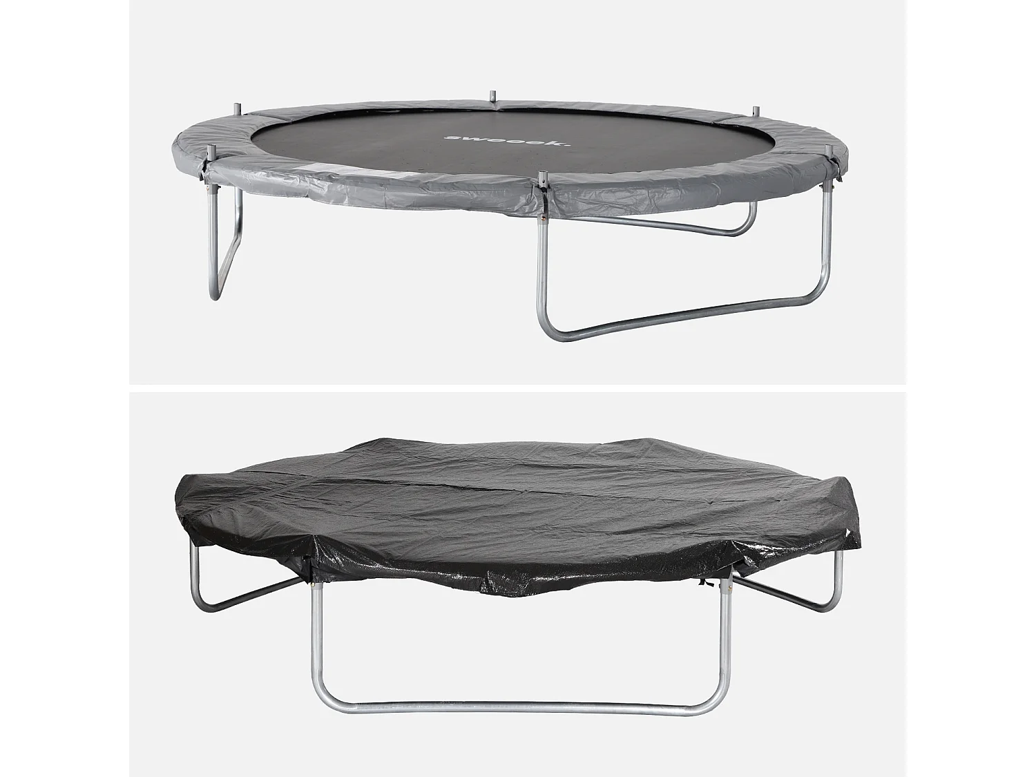 Trampoline 250 cm. gris. avec filet de protection. bâche. filet pour chaussures. kit d’ancrage