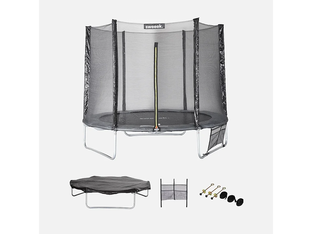 Trampoline 250 cm. gris. avec filet de protection. bâche. filet pour chaussures. kit d’ancrage