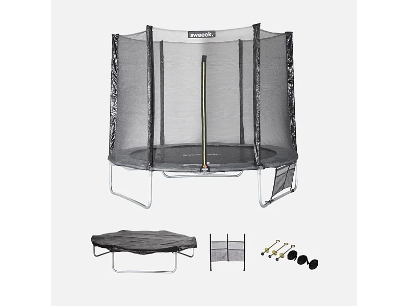 Trampoline 250 cm. gris. avec filet de protection. bâche. filet pour chaussures. kit d’ancrage