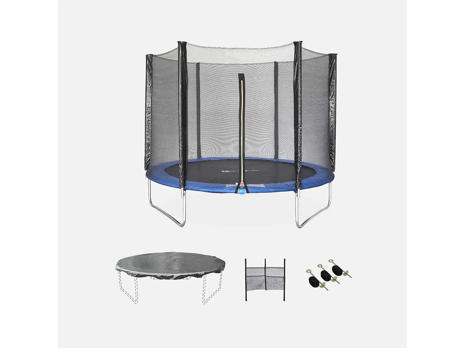 Trampoline 250 cm. bleu. avec filet de protection. bâche. filet pour chaussures. kit d’ancrage