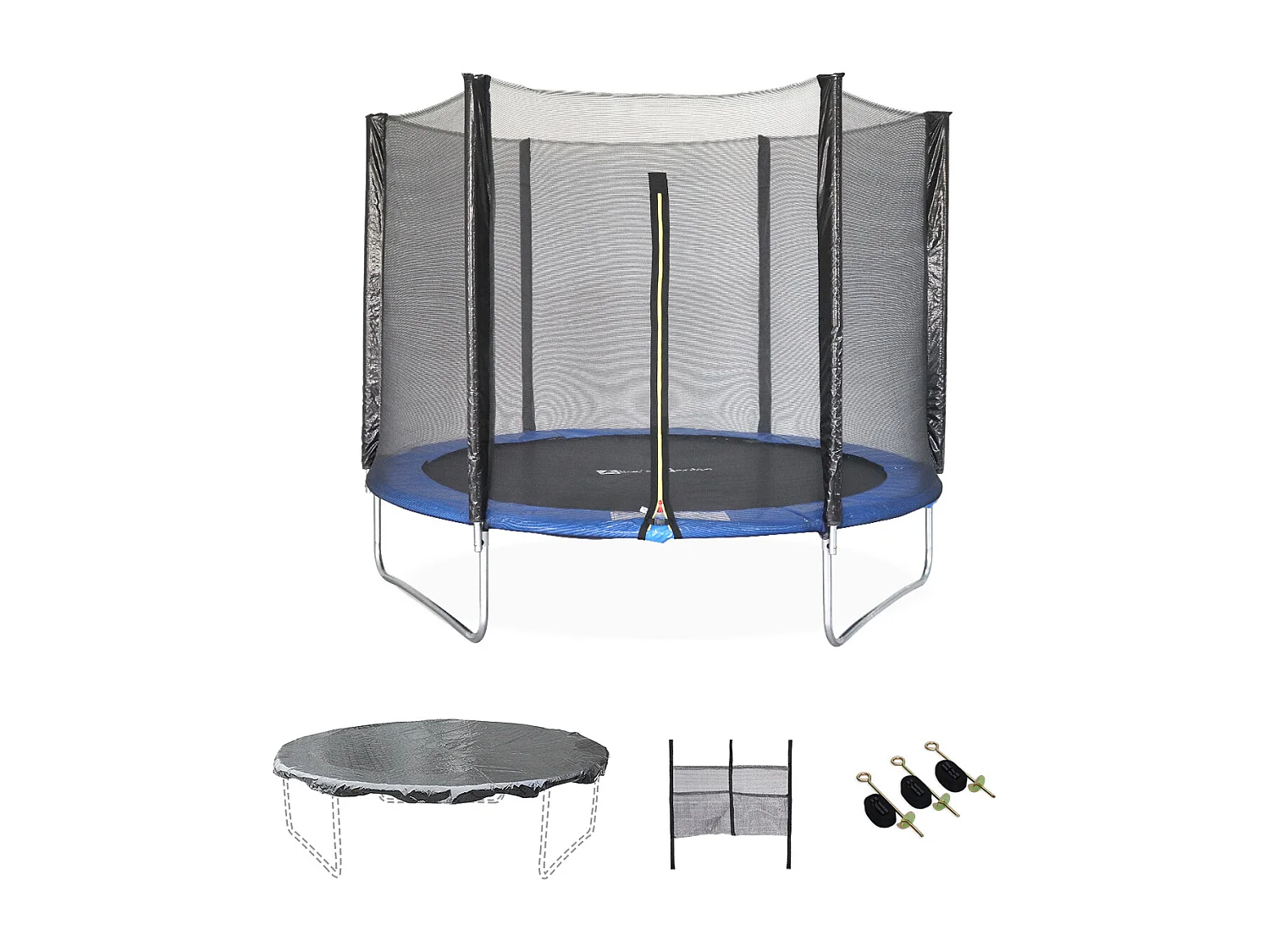 Trampoline 250 cm. bleu. avec filet de protection. bâche. filet pour chaussures. kit d’ancrage