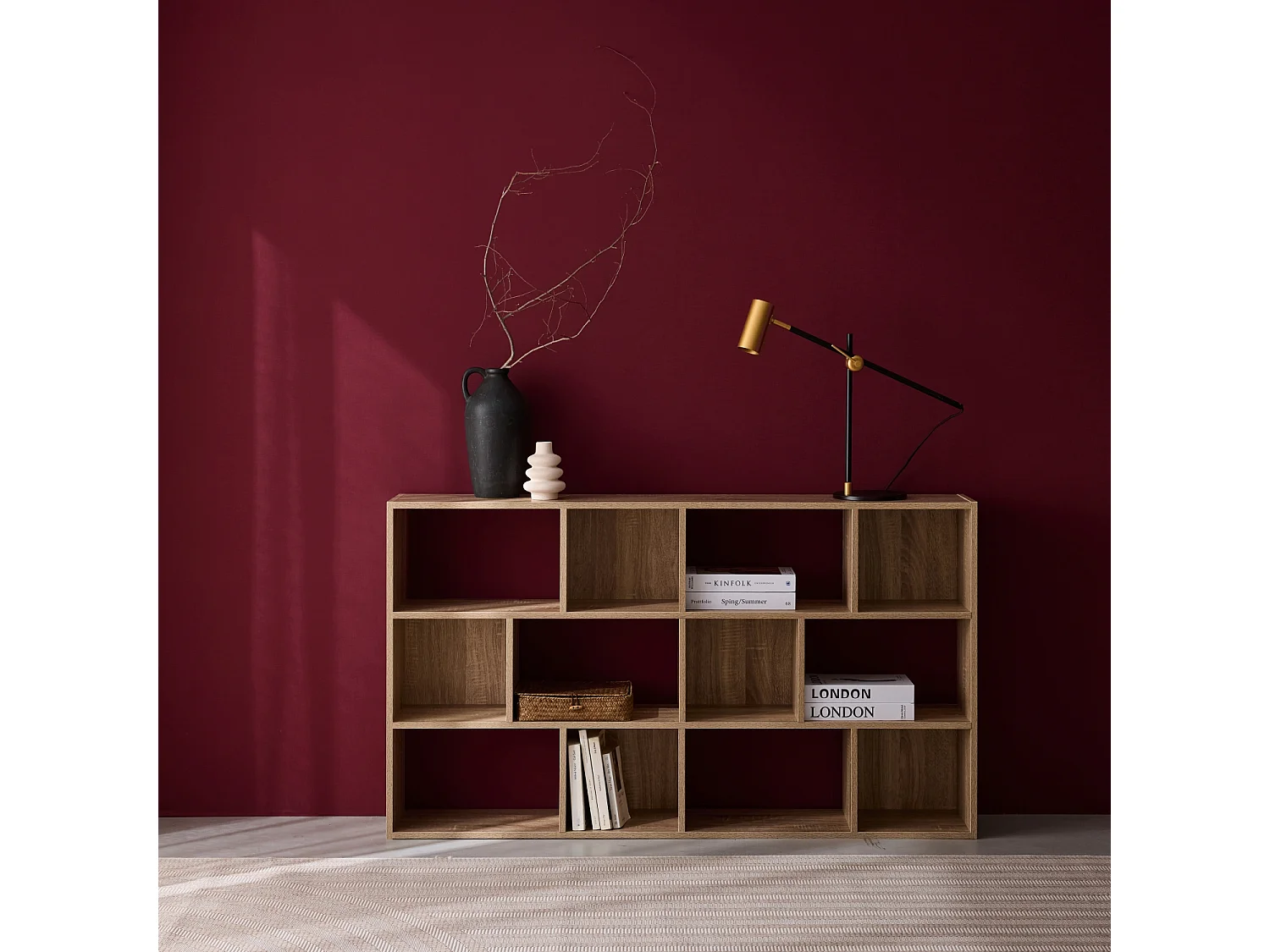 Bibliothèque design asymétrique naturelle. Pieter. 3 étagères. 12 compartiments de rangement