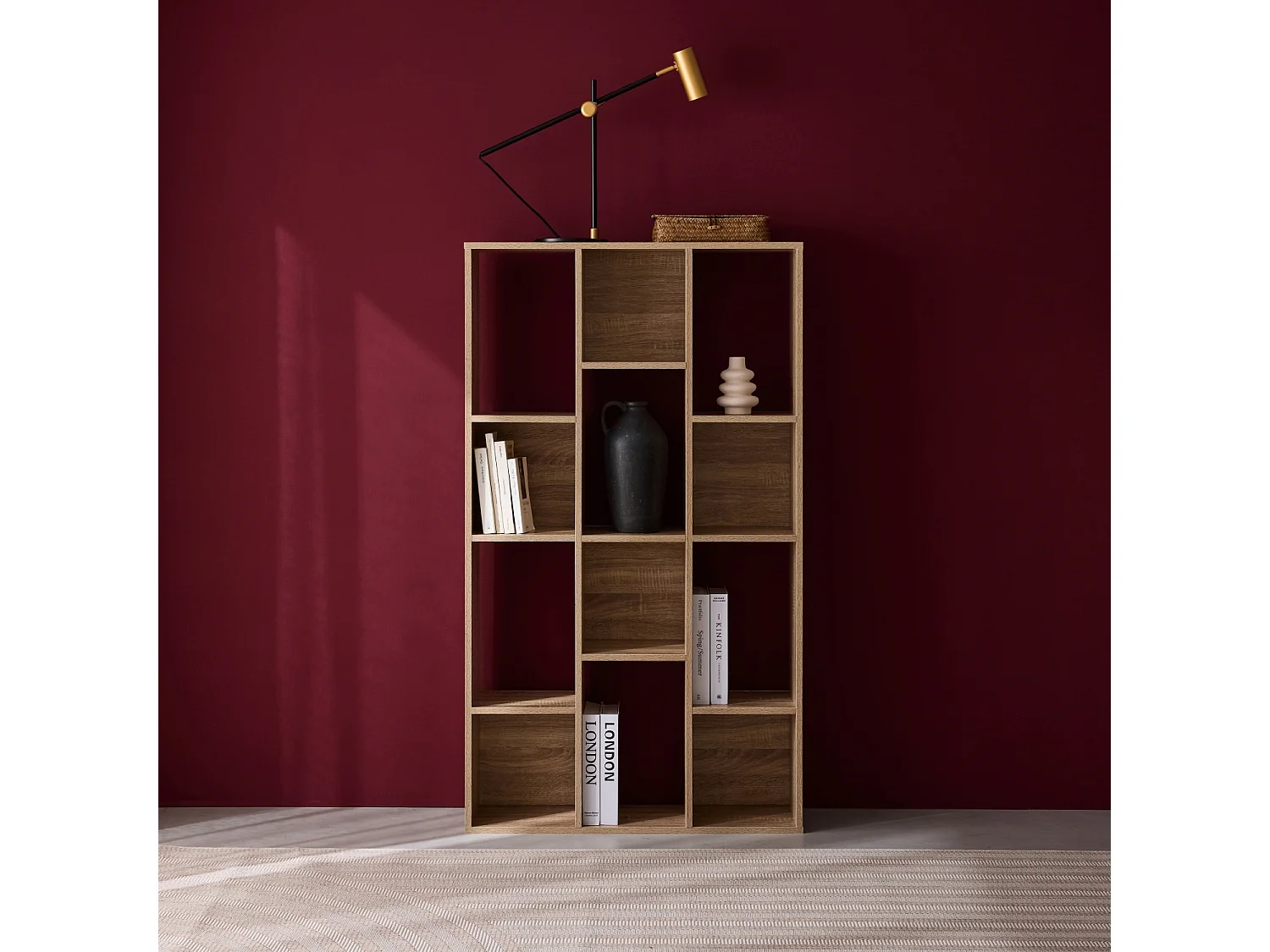 Bibliothèque design asymétrique naturelle. Pieter. 3 étagères. 12 compartiments de rangement