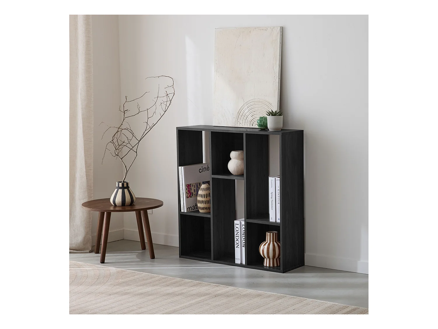 Libreria a 3 ripiani con 6 vani, nero