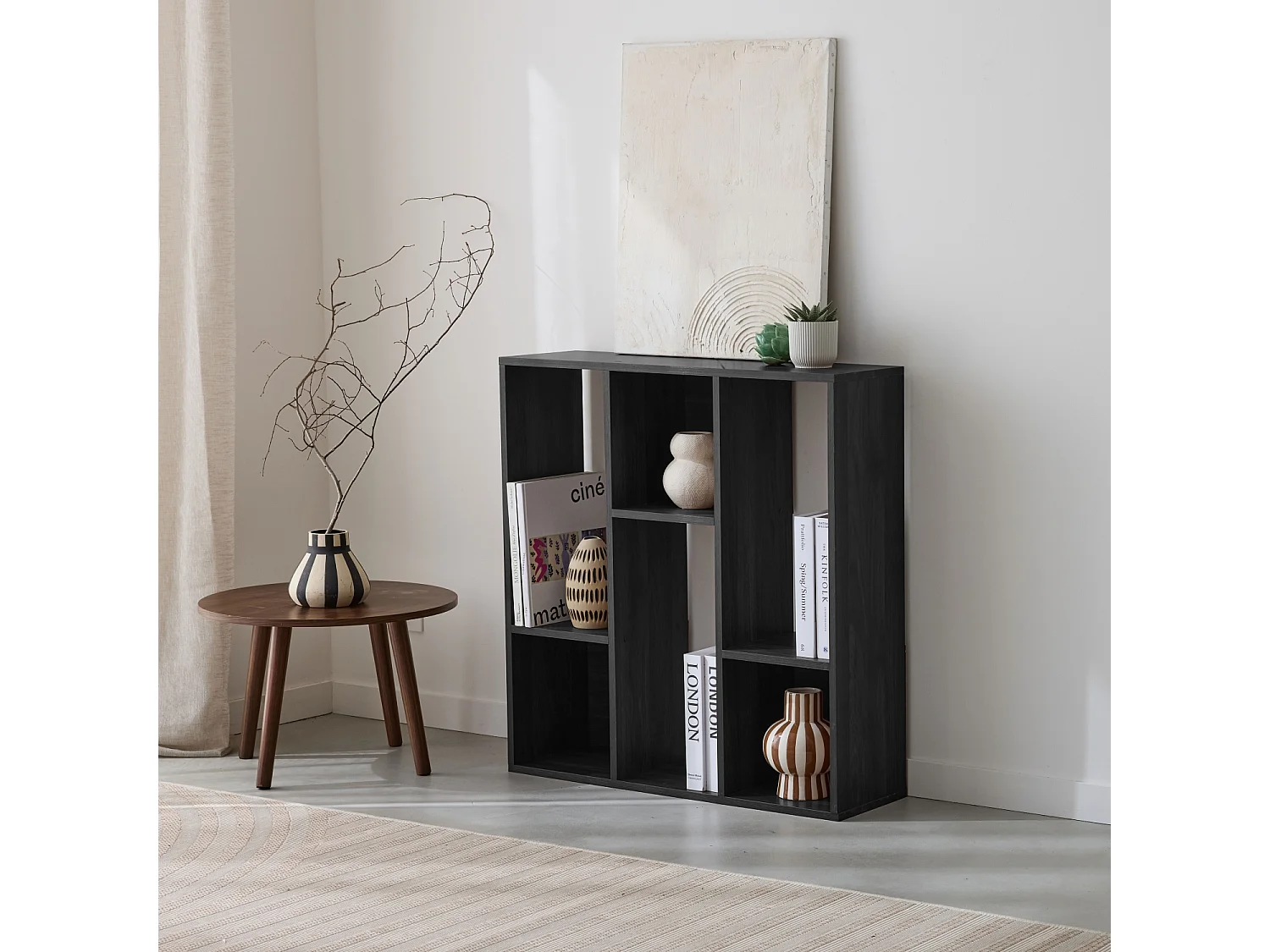 Etagère bibliothèque noire Pieter 3 étagères 6 compartiments de rangement