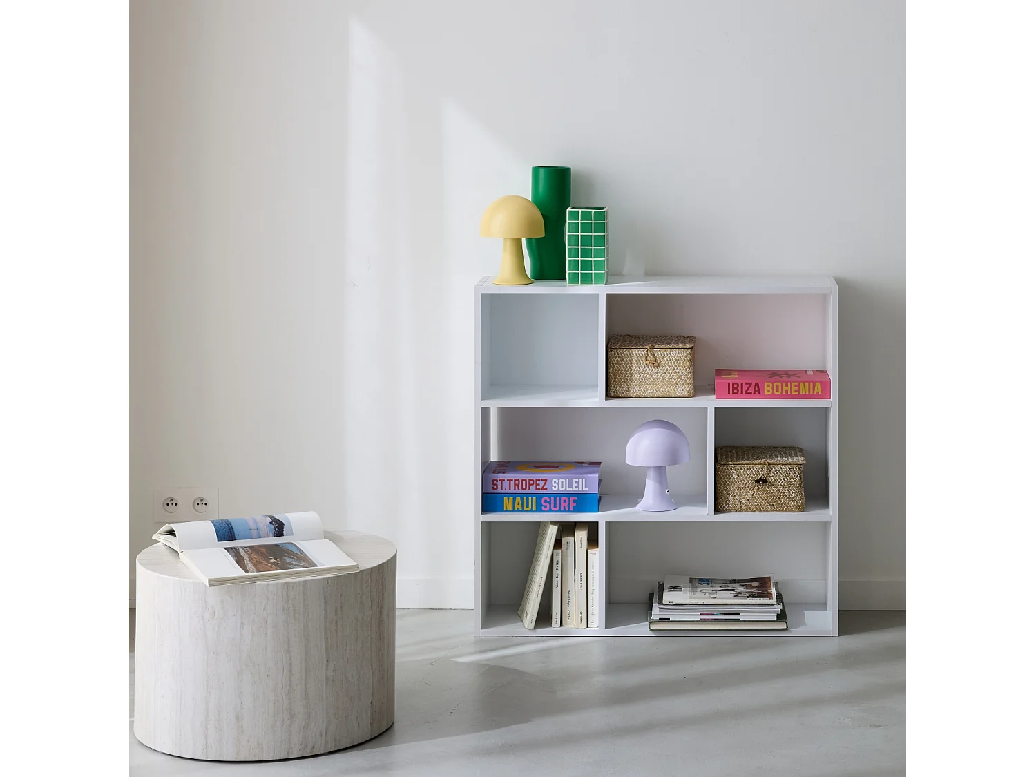 Libreria a 3 ripiani con 6 vani, bianco