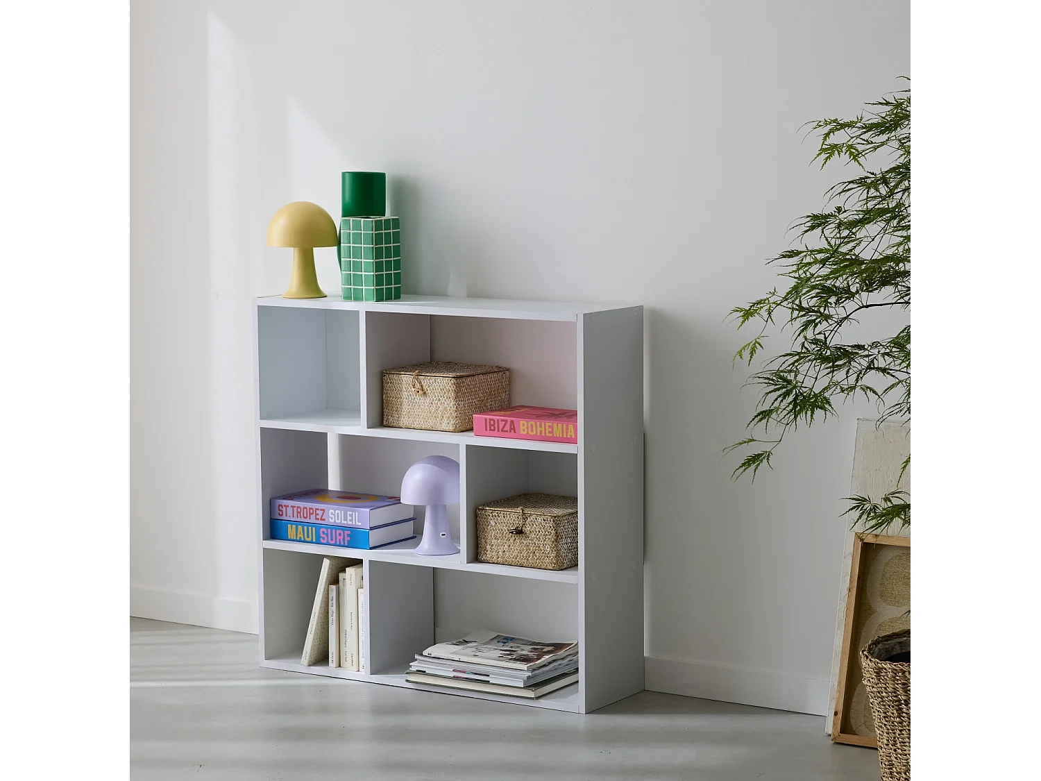 Libreria a 3 ripiani con 6 vani, bianco