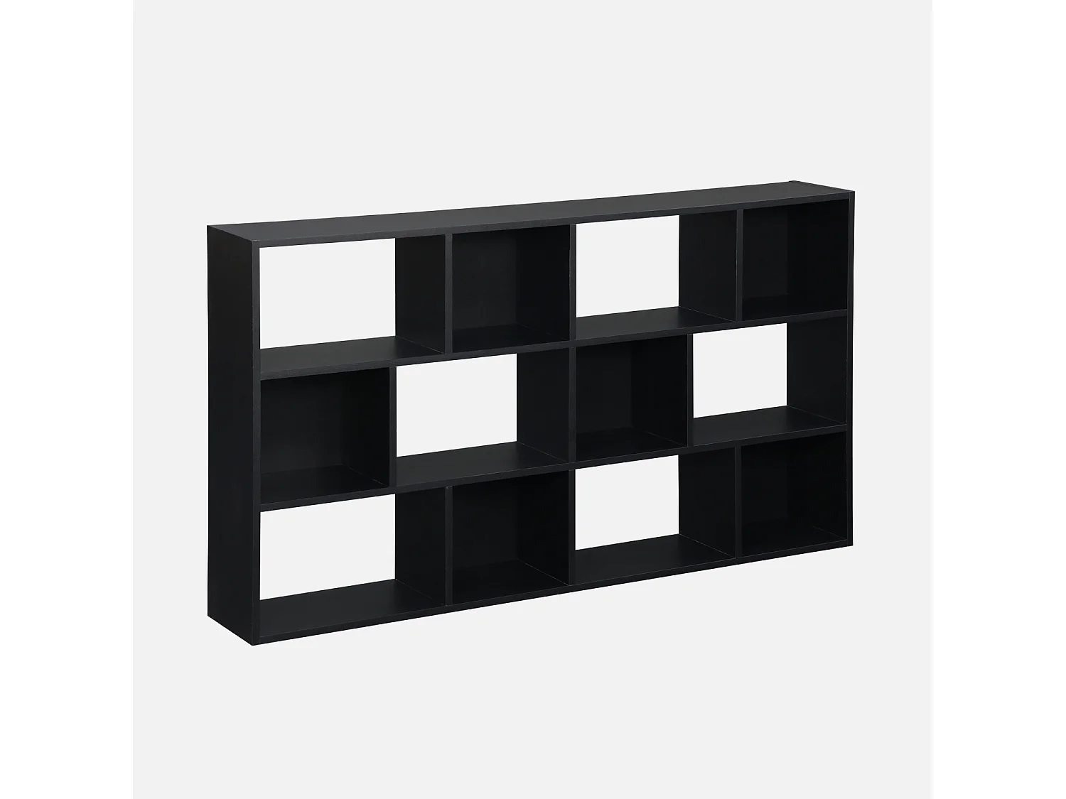 Bibliothèque design asymétrique noire. Pieter. 3 étagères. 12 compartiments de rangement