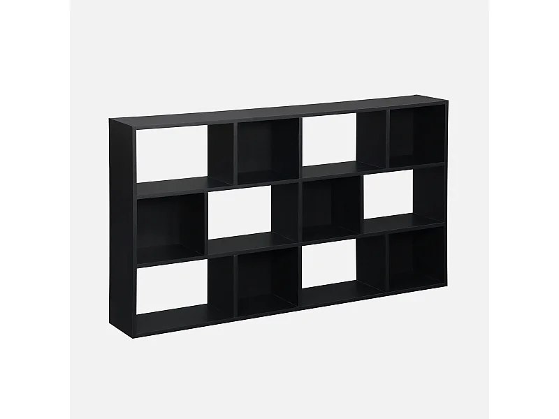 Bibliothèque design asymétrique noire. Pieter. 3 étagères. 12 compartiments de rangement