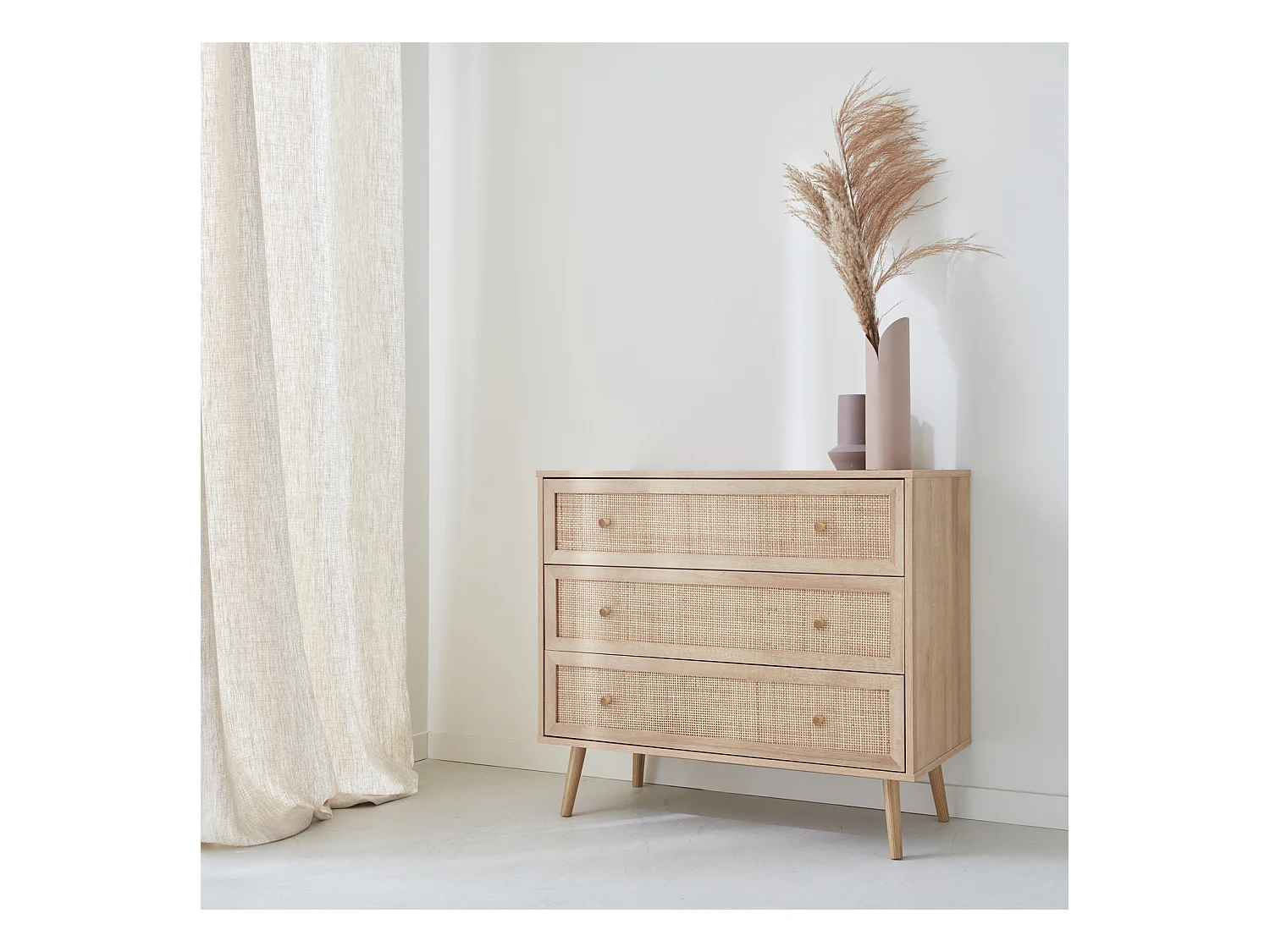 Commode en décor bois et cannage 90x39x79cm - Bohème - 3 tiroirs