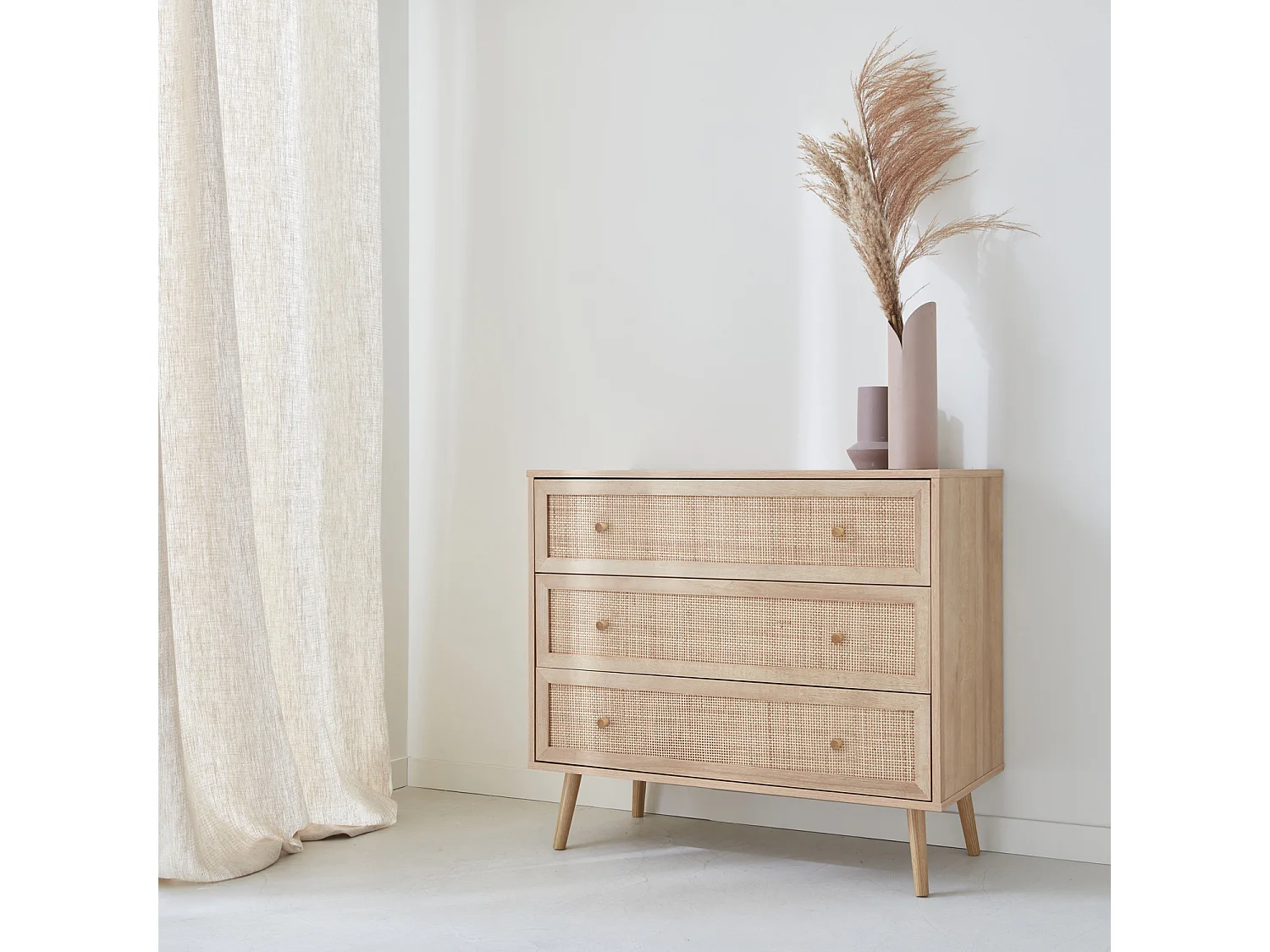 Commode en décor bois et cannage 90x39x79cm - Bohème - 3 tiroirs