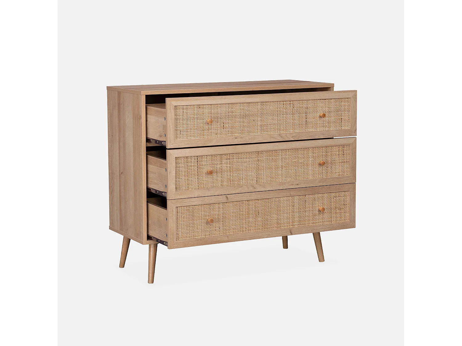 Commode en décor bois et cannage 90x39x79cm - Bohème - 3 tiroirs