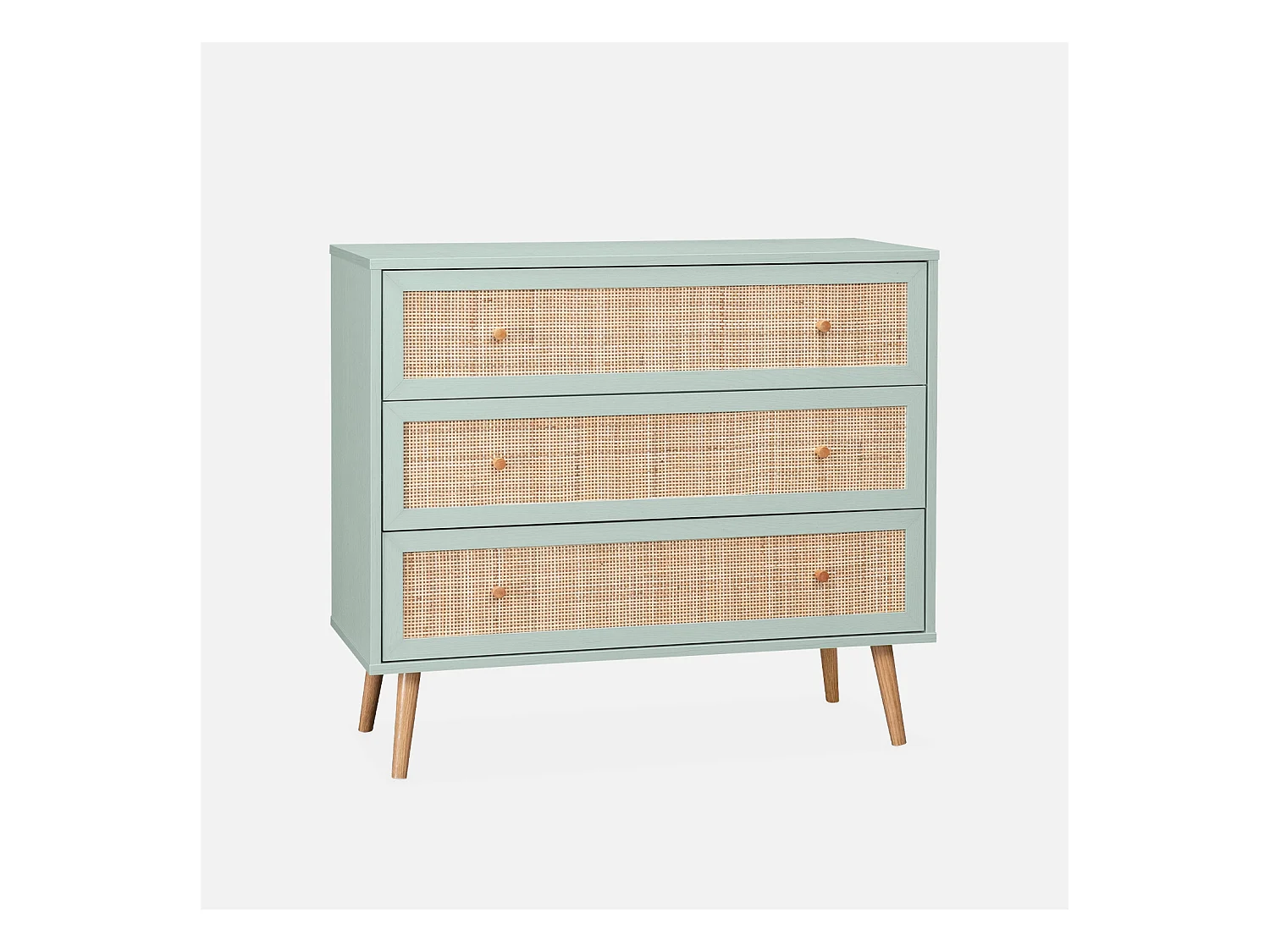 Commode en décor bois vert céladon et cannage 90x39x79cm - Bohème - 3 tiroirs