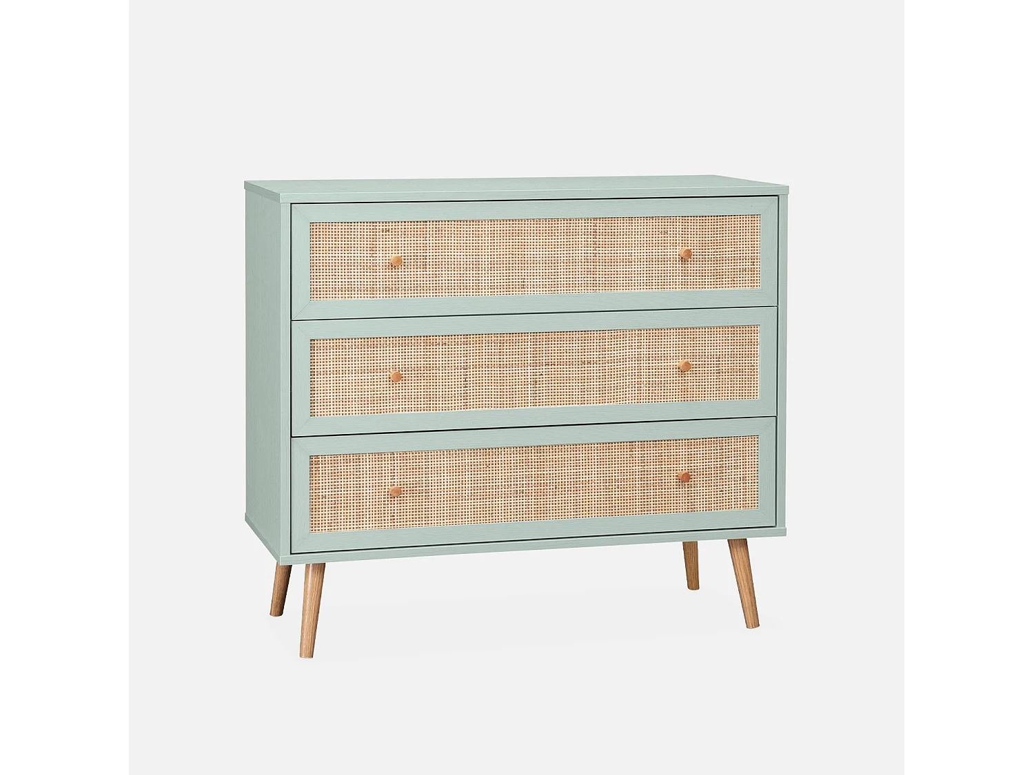 Commode en décor bois vert céladon et cannage 90x39x79cm - Bohème - 3 tiroirs