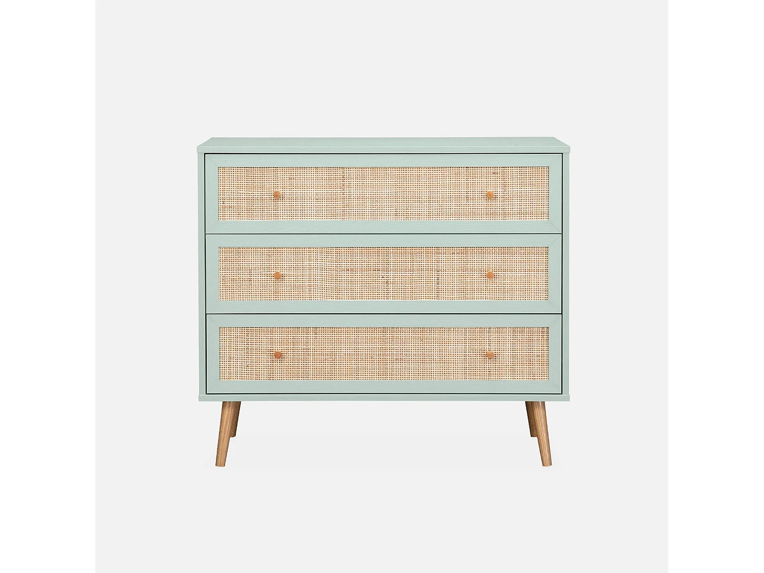 Commode en décor bois vert céladon et cannage 90x39x79cm - Bohème - 3 tiroirs