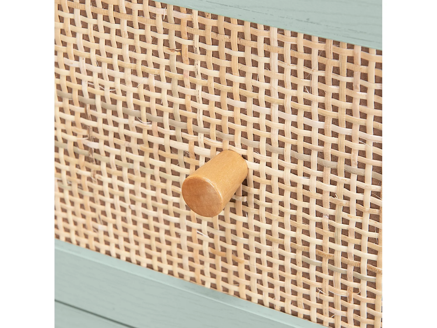 Commode en décor bois vert céladon et cannage 90x39x79cm - Bohème - 3 tiroirs