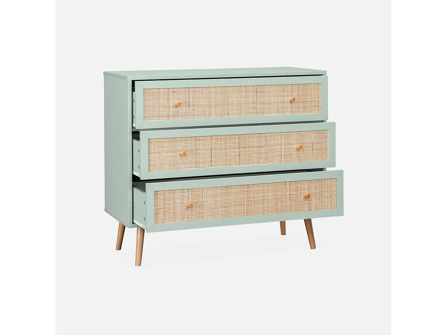 Commode en décor bois vert céladon et cannage 90x39x79cm - Bohème - 3 tiroirs