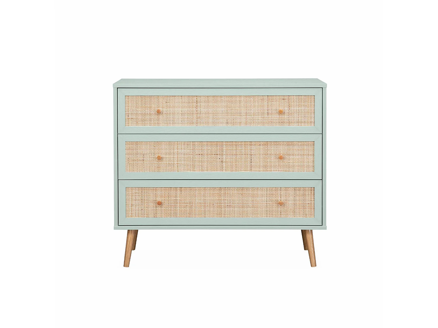 Commode en décor bois vert céladon et cannage 90x39x79cm - Bohème - 3 tiroirs